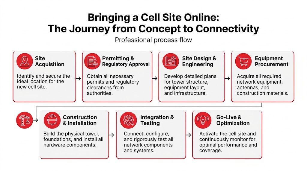 A professional process flow chart showing the steps to bring a new cell site online.
