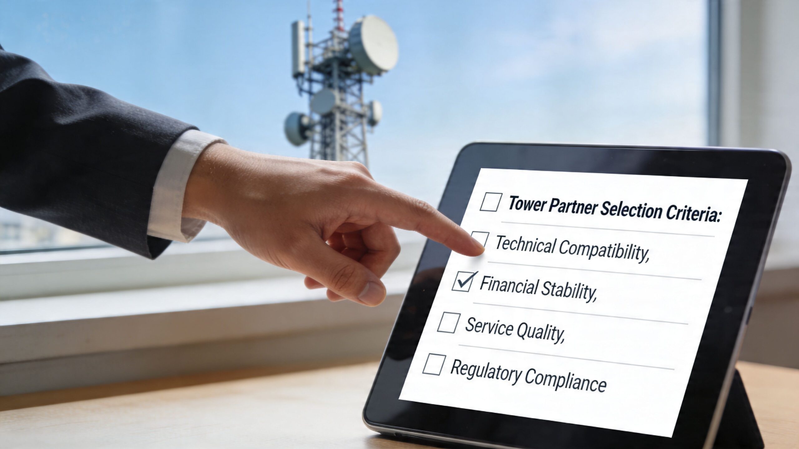 A business person pointing to a tablet screen displaying a checklist of criteria for selecting a cell tower partner.