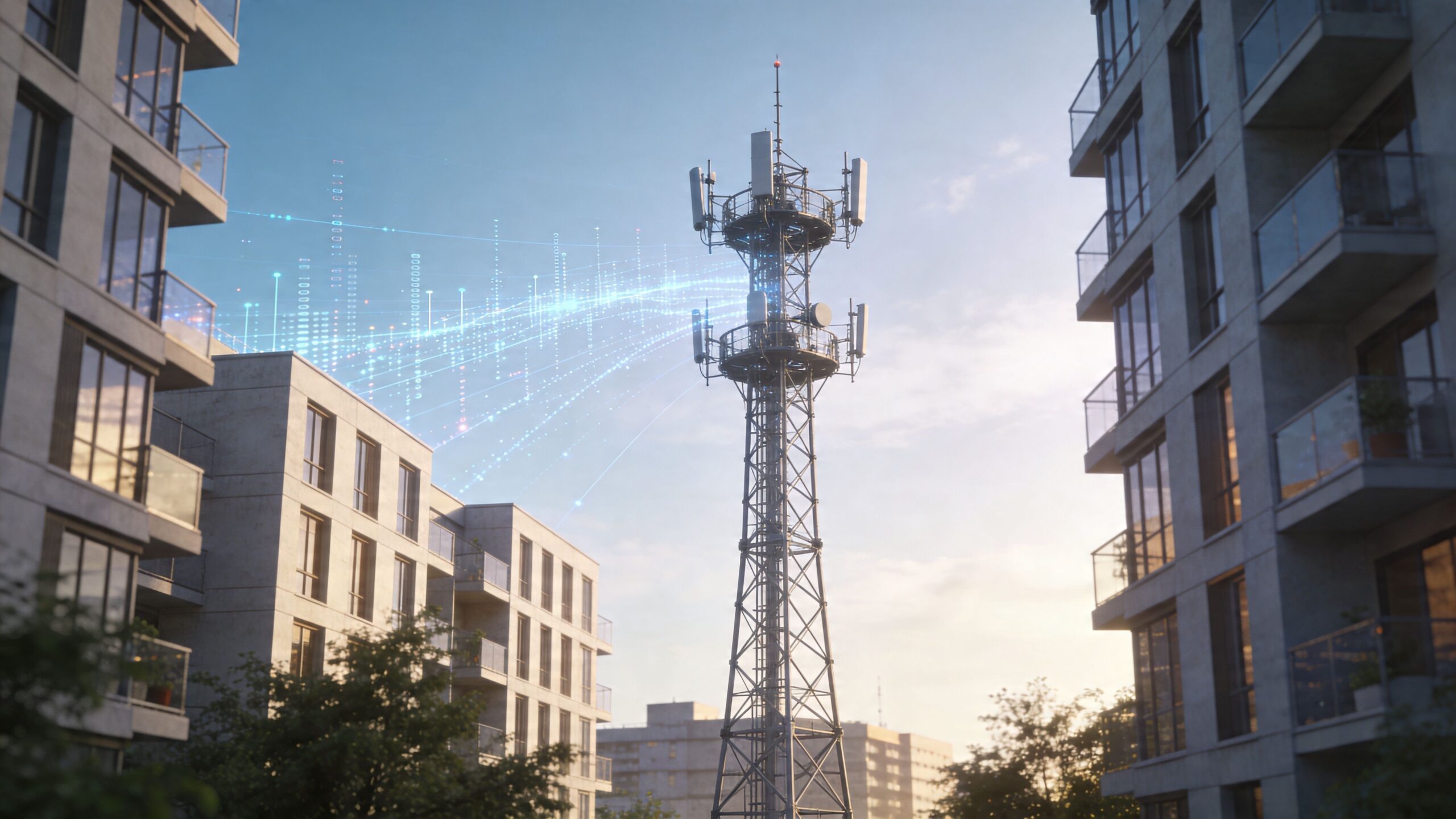 A cell tower in an urban area transmitting digital data signals between modern residential apartment buildings.