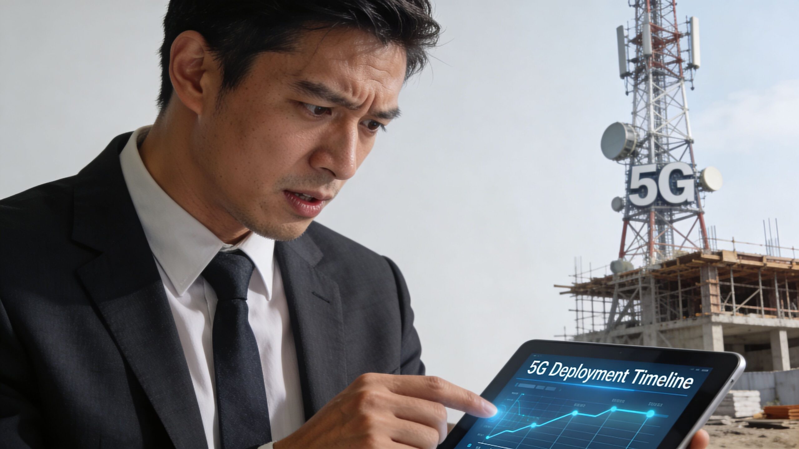 A professional man in a suit looks concerned while analyzing a 5G deployment timeline on a tablet.