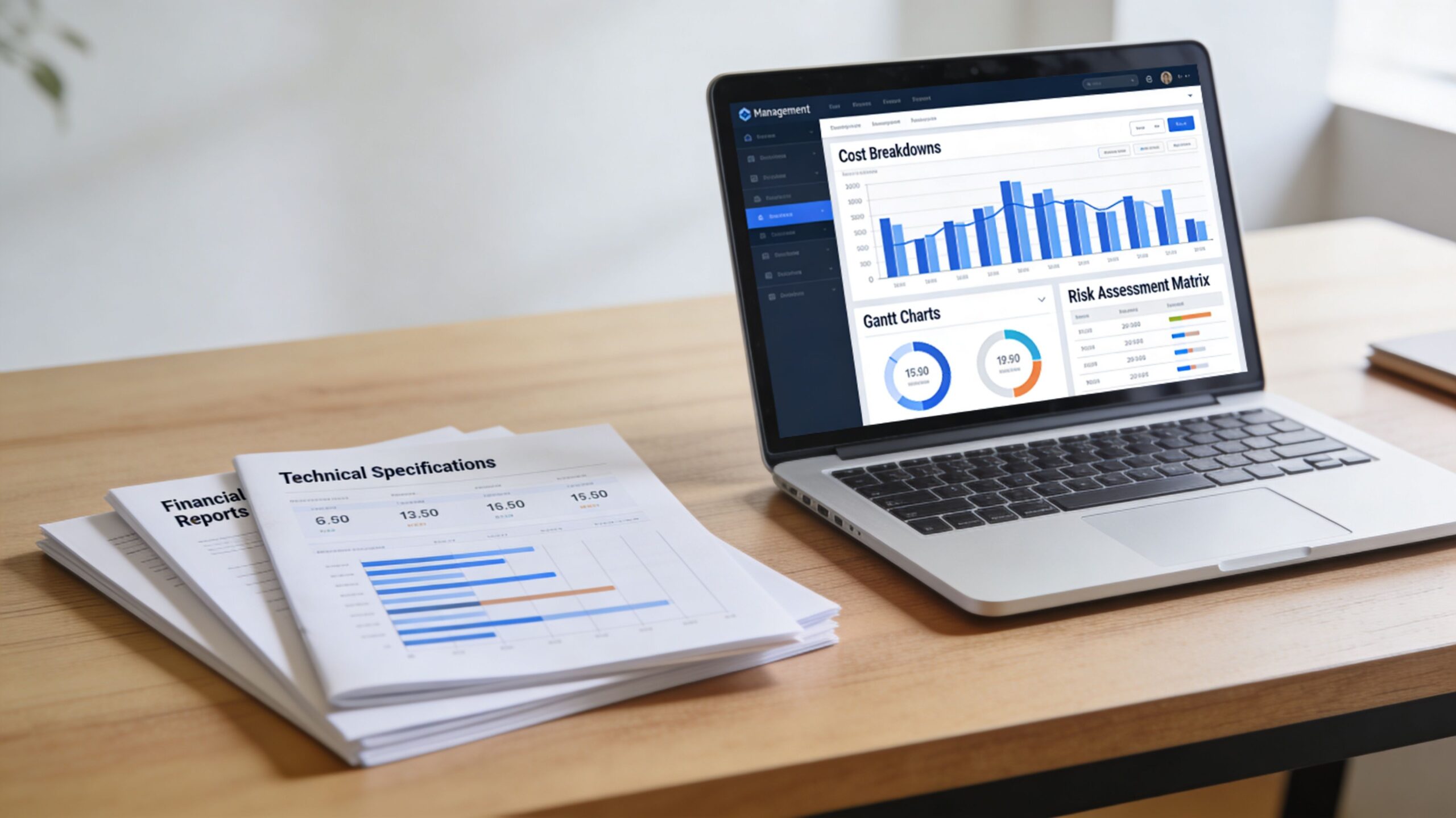 A laptop showing management software graphs next to stacks of paper reports on a wooden desk.