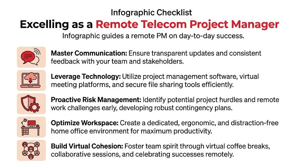 An infographic checklist outlining five key success factors for remote telecom project managers working from home.