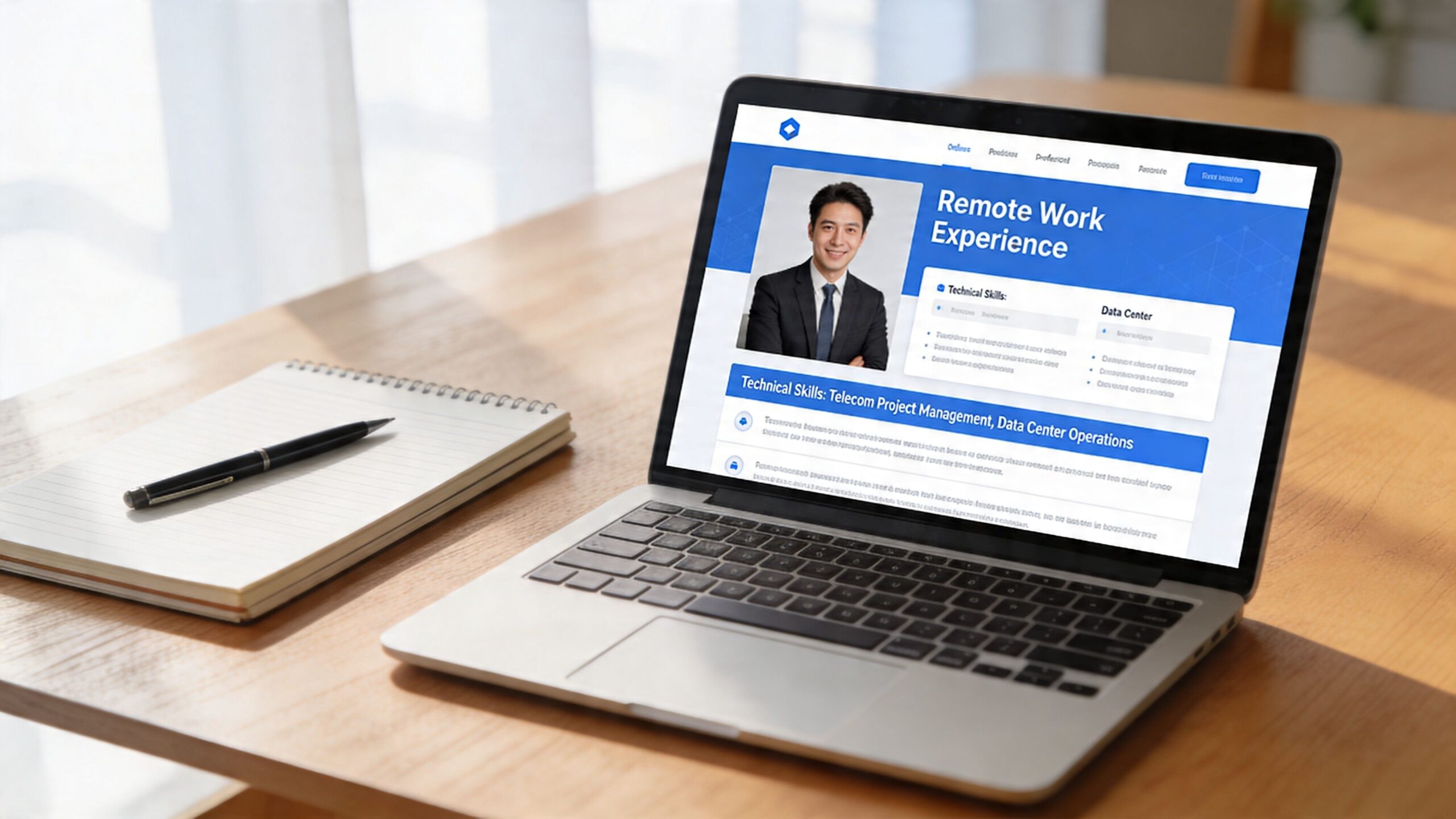 A professional resume profile displaying remote work experience on a laptop screen on a desk.
