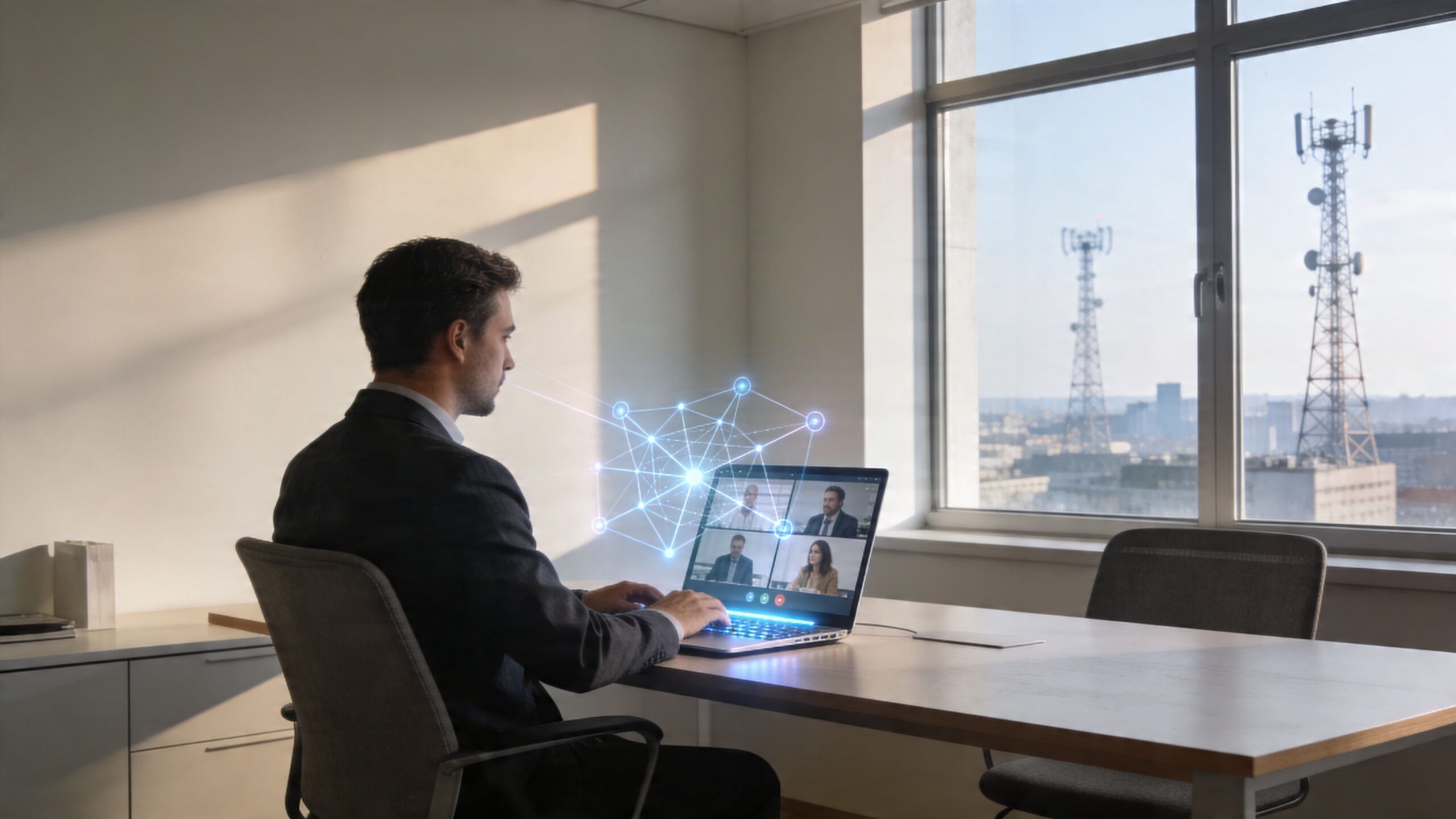 A professional man in a suit works remotely on a laptop with a digital network graphic overlay.
