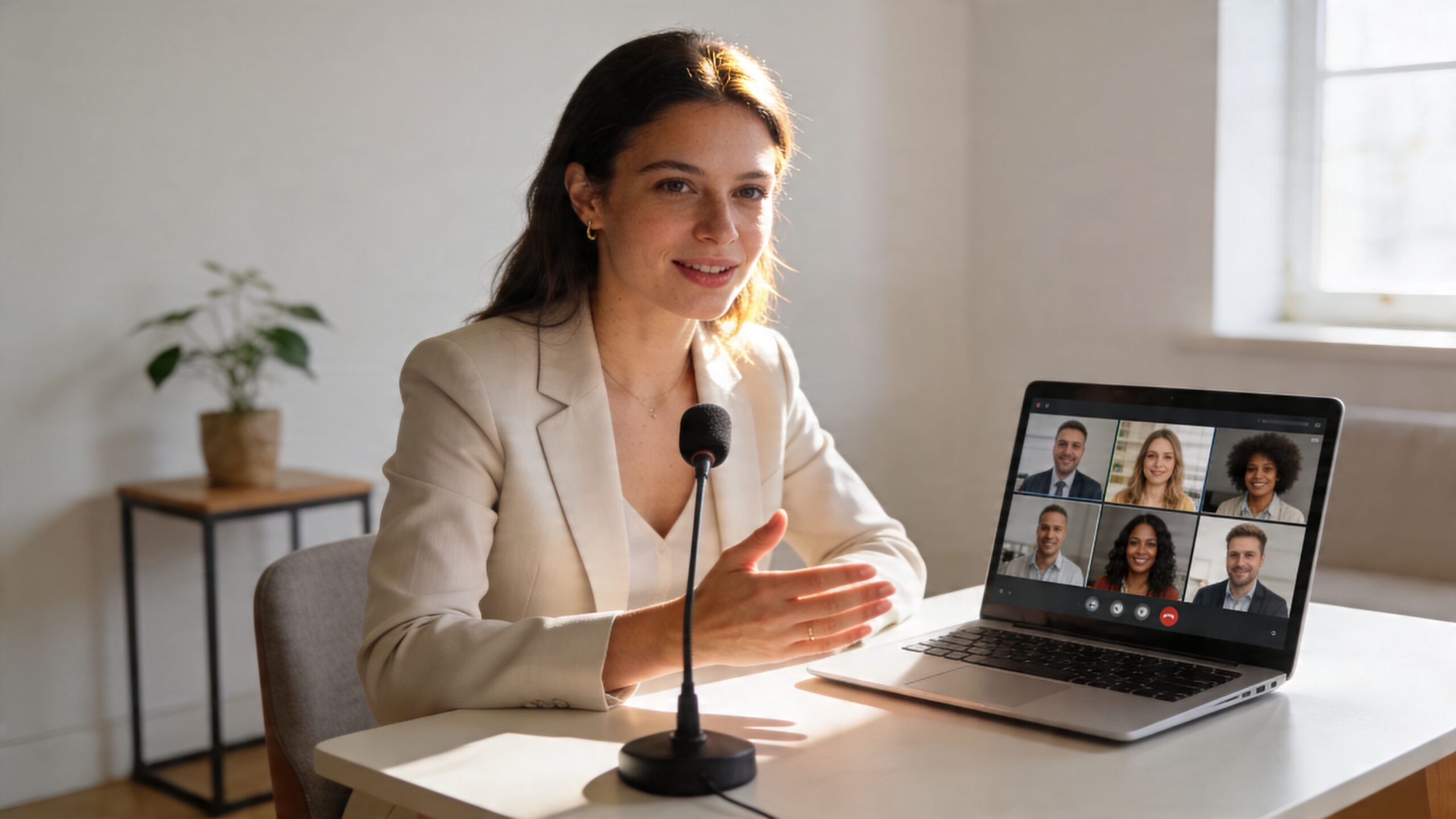A professional woman in a beige blazer participating in a remote team video conference on her laptop.