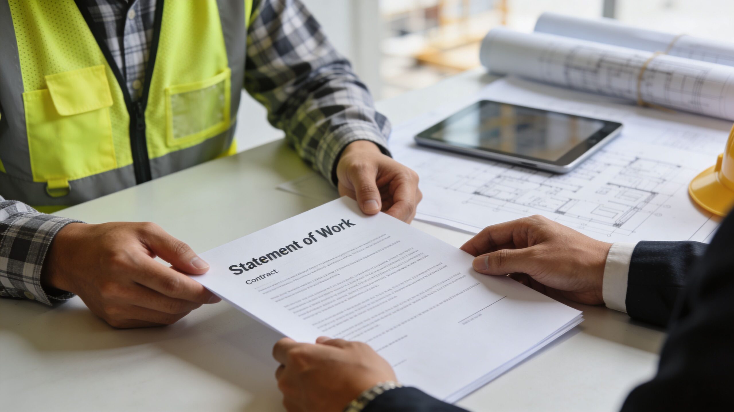 A professional in a construction safety vest handing a Statement of Work contract to a business person.