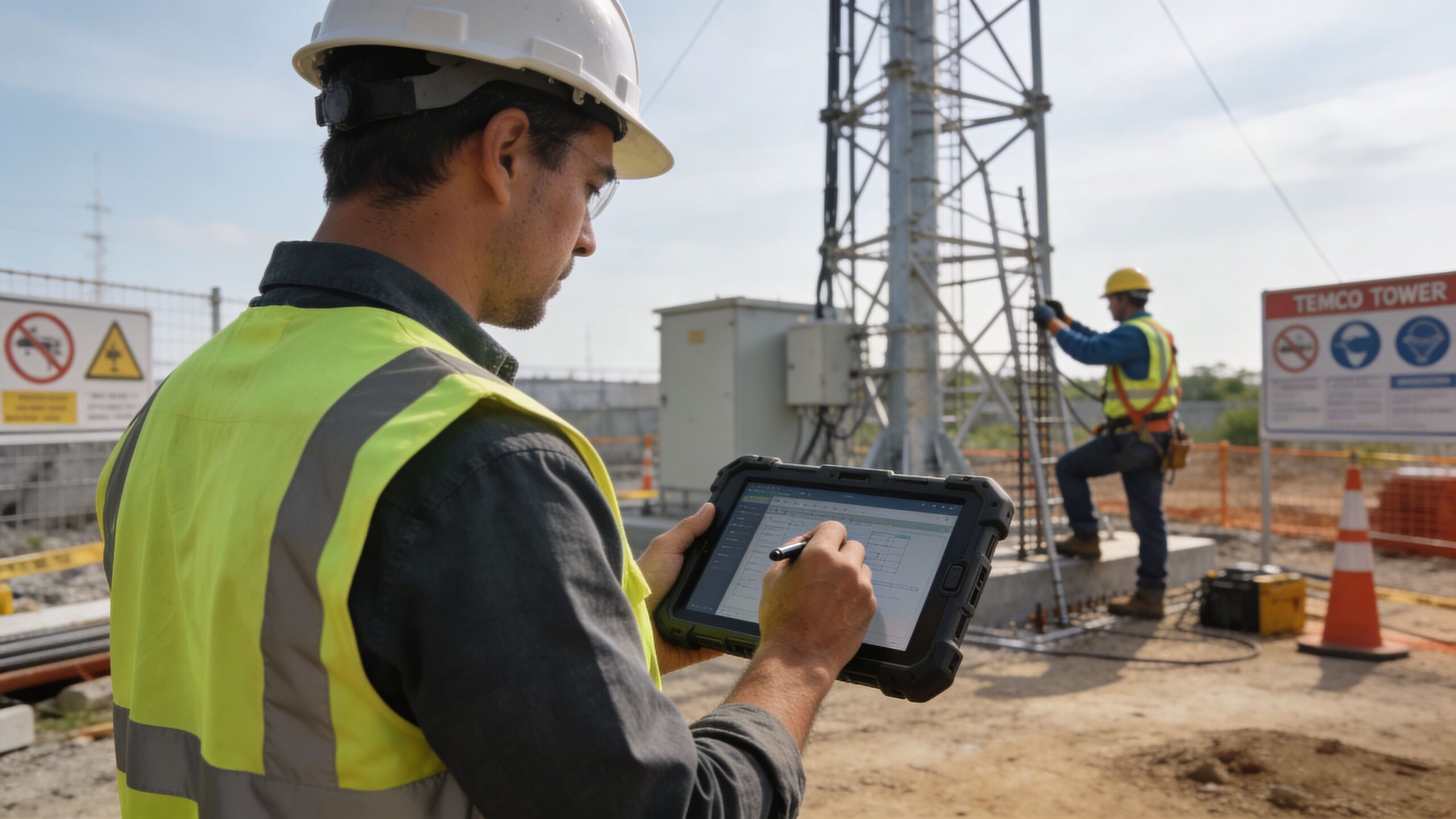 A construction engineer using a tablet to inspect telecommunications tower work while a worker climbs in the background.