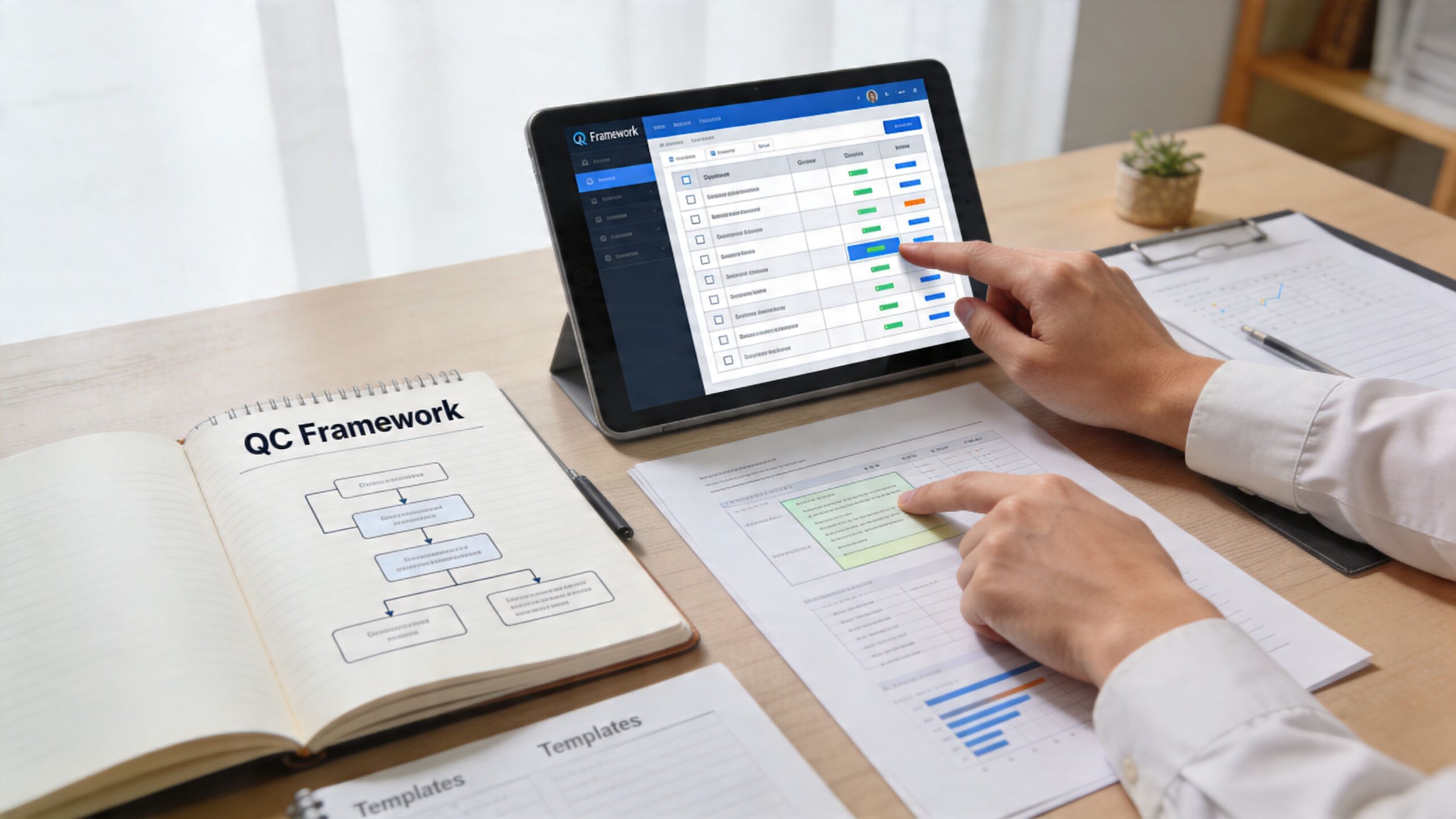 A professional analyzing quality control framework charts and digital reports on a desk with a tablet.