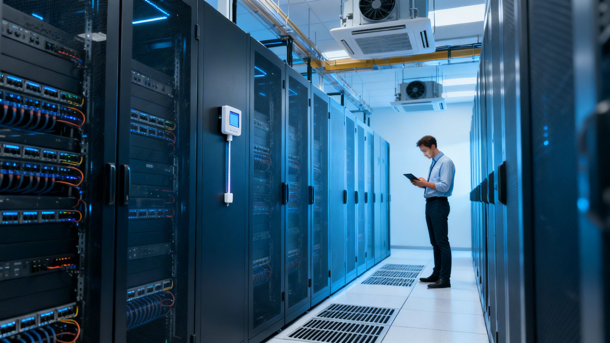 IT engineer with a tablet among glowing server racks in a data center.
