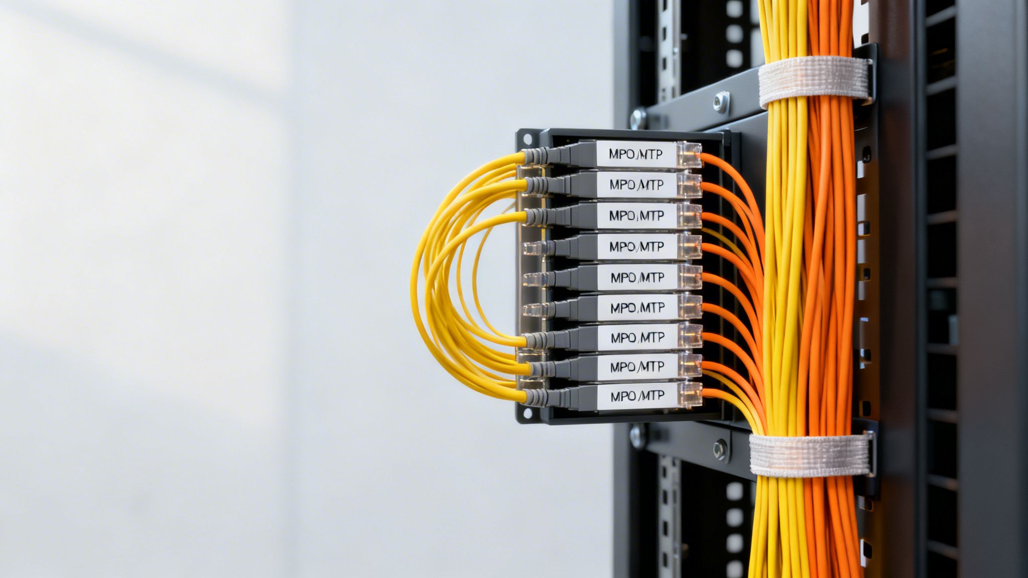Neatly organized yellow and orange fiber optic cables connected to MPO/MTP modules in a data center rack.