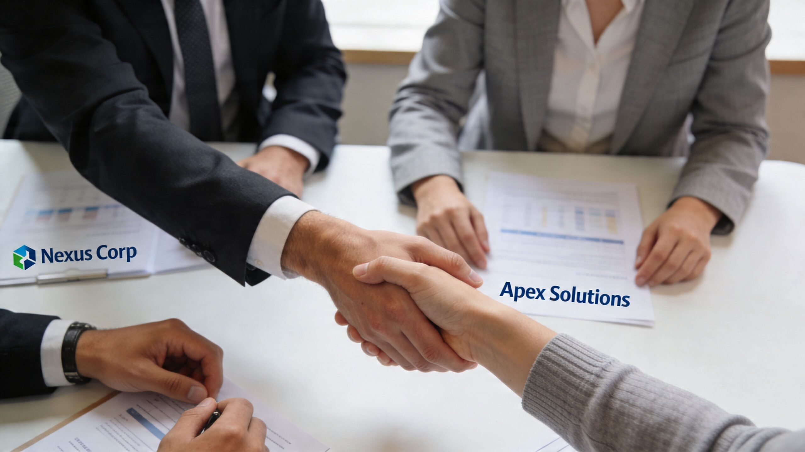 A professional handshake between business people over documents, symbolizing a partnership between Nexus Corp and Apex Solutions.
