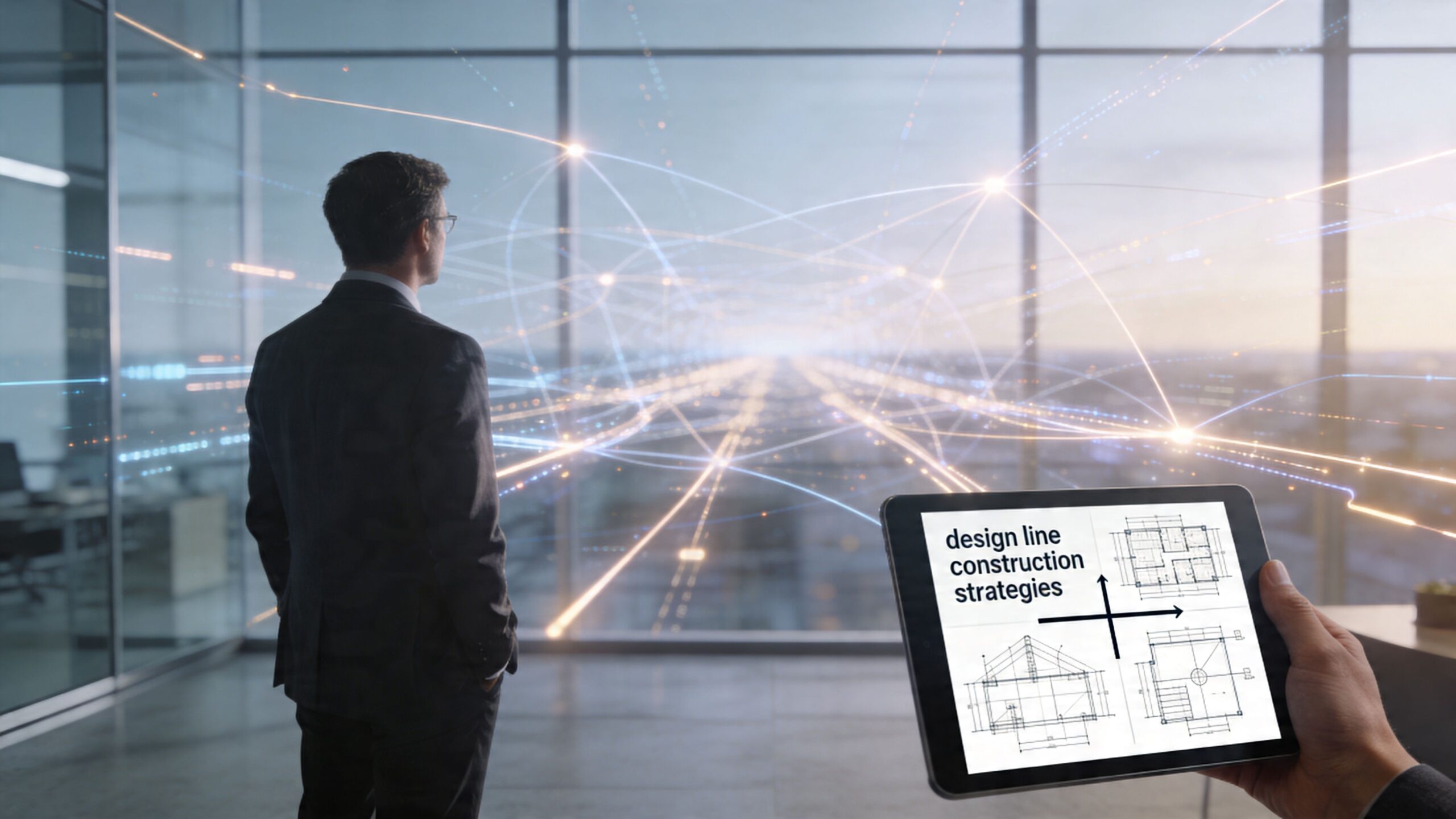 A businessman overlooking a digital cityscape while holding a tablet displaying construction design and planning diagrams.