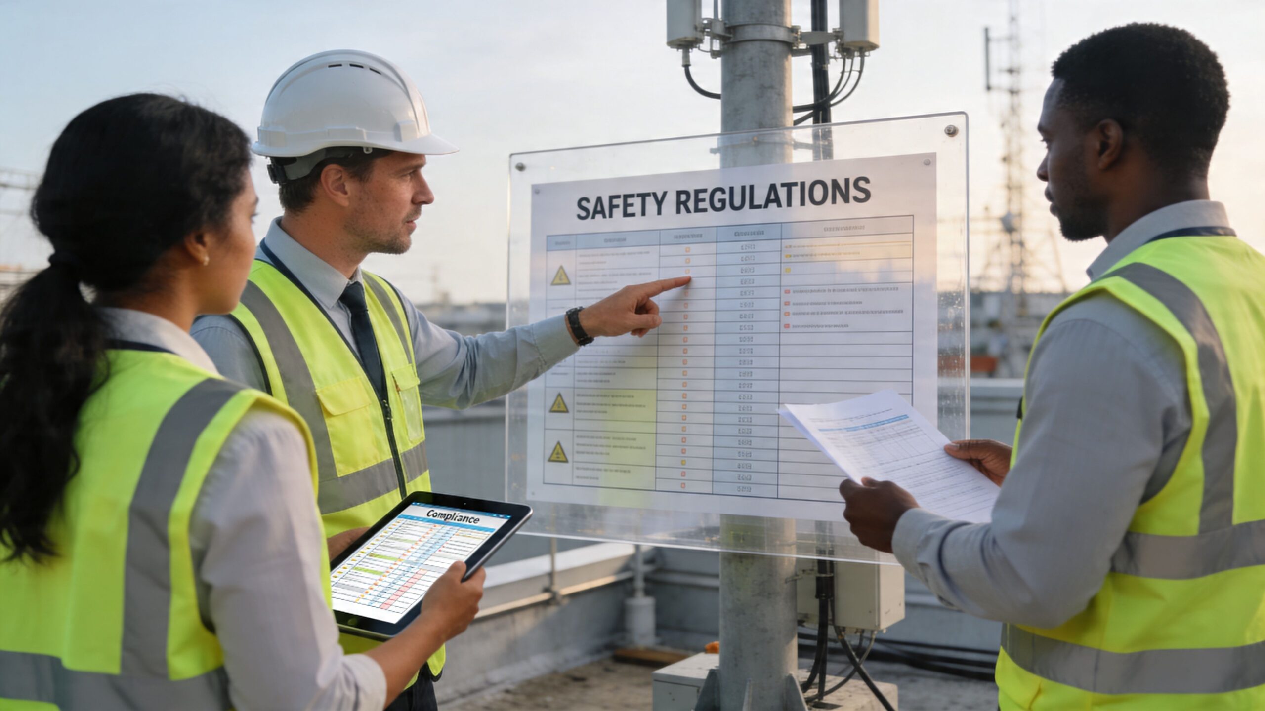 A team of construction workers in safety vests reviews safety regulations on a sign and a tablet.