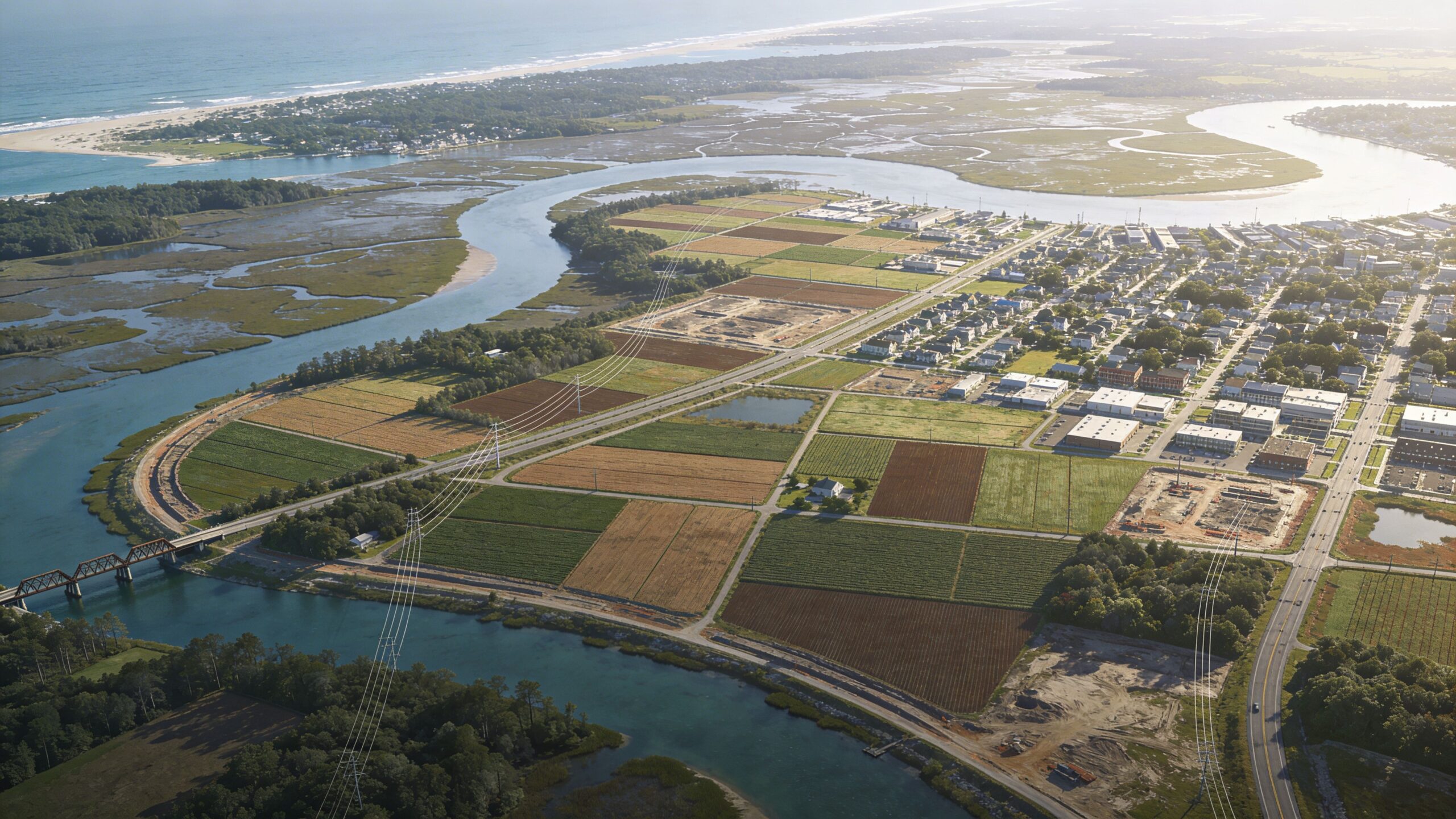 An aerial view showing a bridge, agricultural fields, and a residential neighborhood near a coastal waterway.