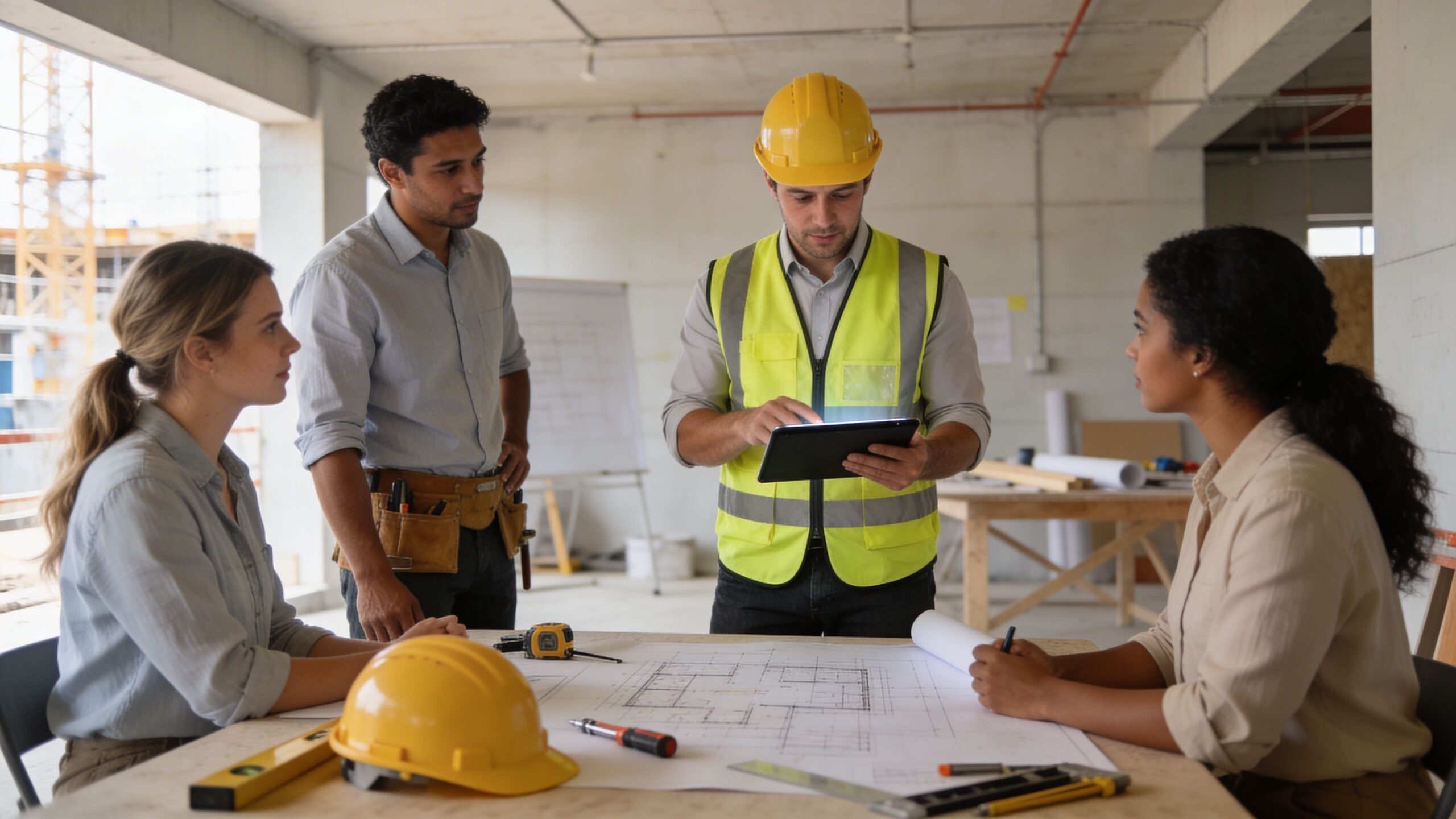 A professional construction management team reviewing architectural blueprints and tablet data on a construction site.
