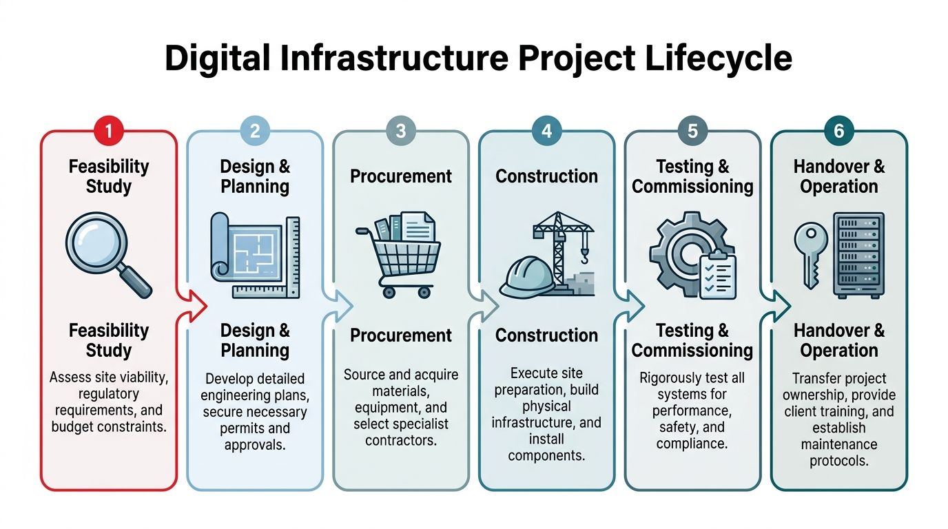 A six-step flow chart illustrating the lifecycle of a digital infrastructure construction project from feasibility to operation.