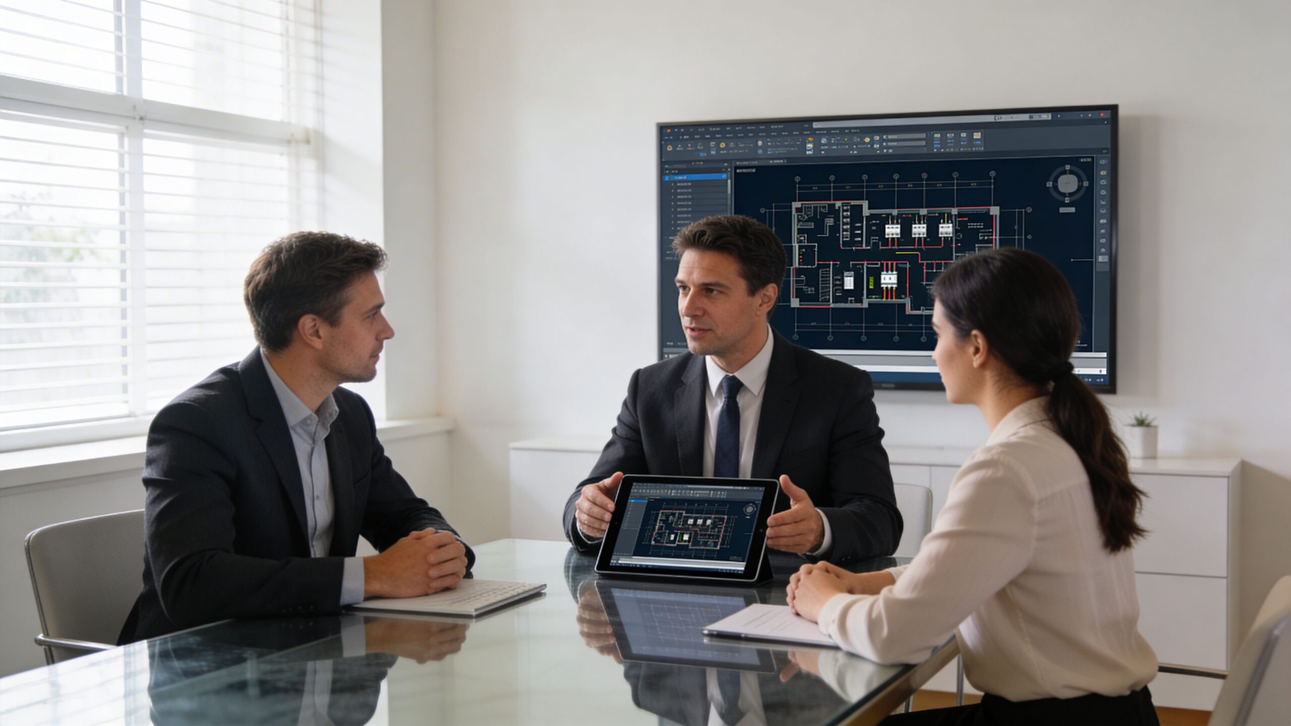 A professional team of architects reviewing electrical floor plans on a tablet and wall screen in office.