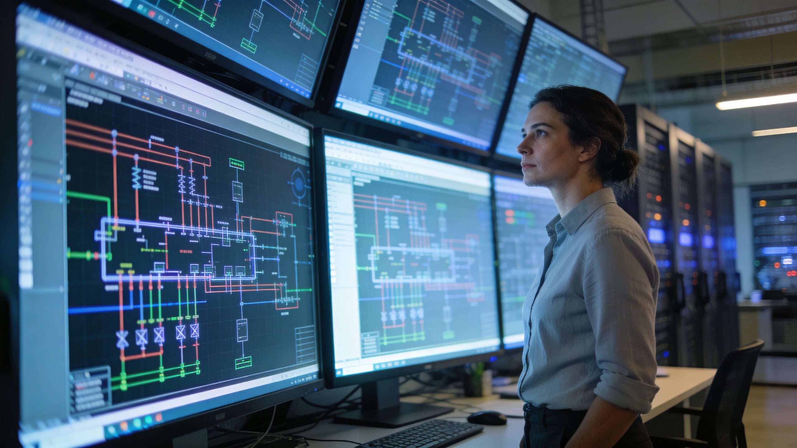 A professional woman monitoring complex electrical distribution diagrams on multiple large computer screens in a dark control center.