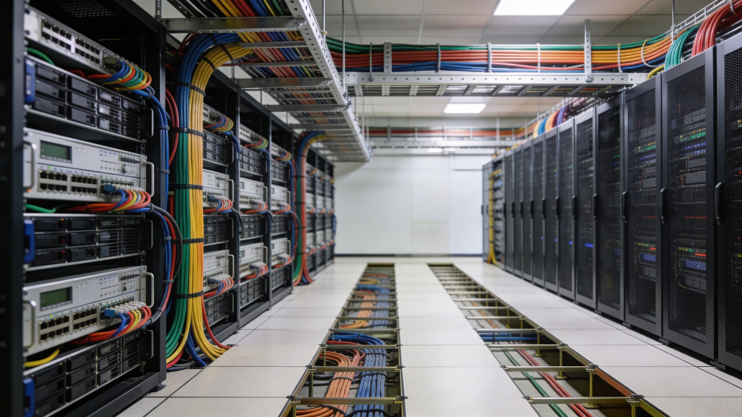 Rows of black server racks with colorful cable management and electrical wiring in a data center facility.