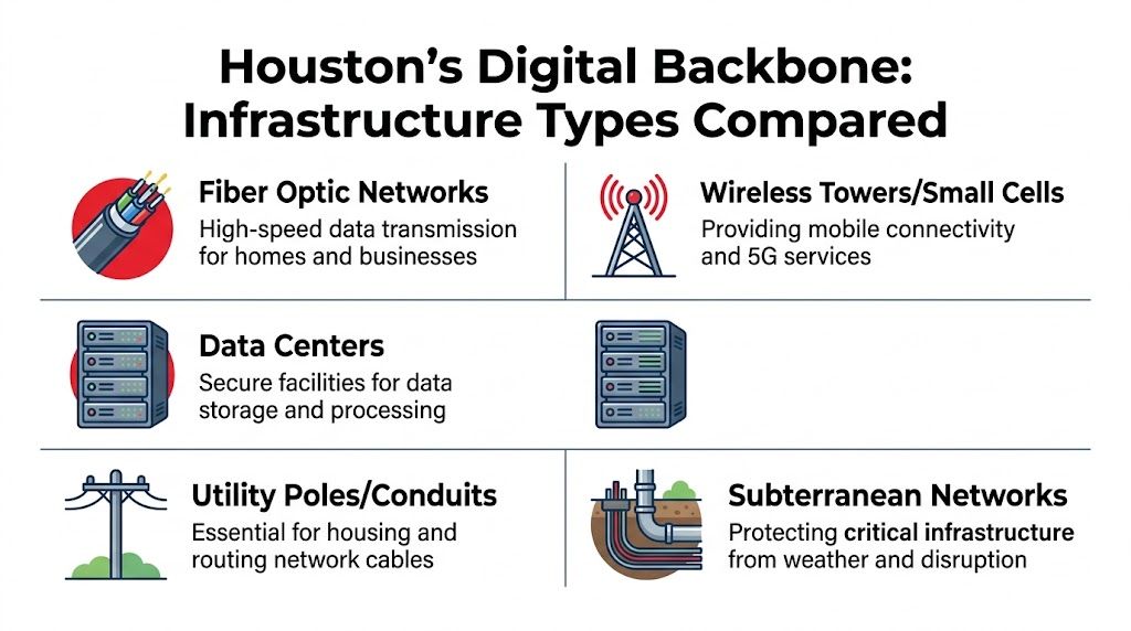 A diagram comparing various components of Houston's digital infrastructure, including fiber optics, wireless towers, data centers, and cables.