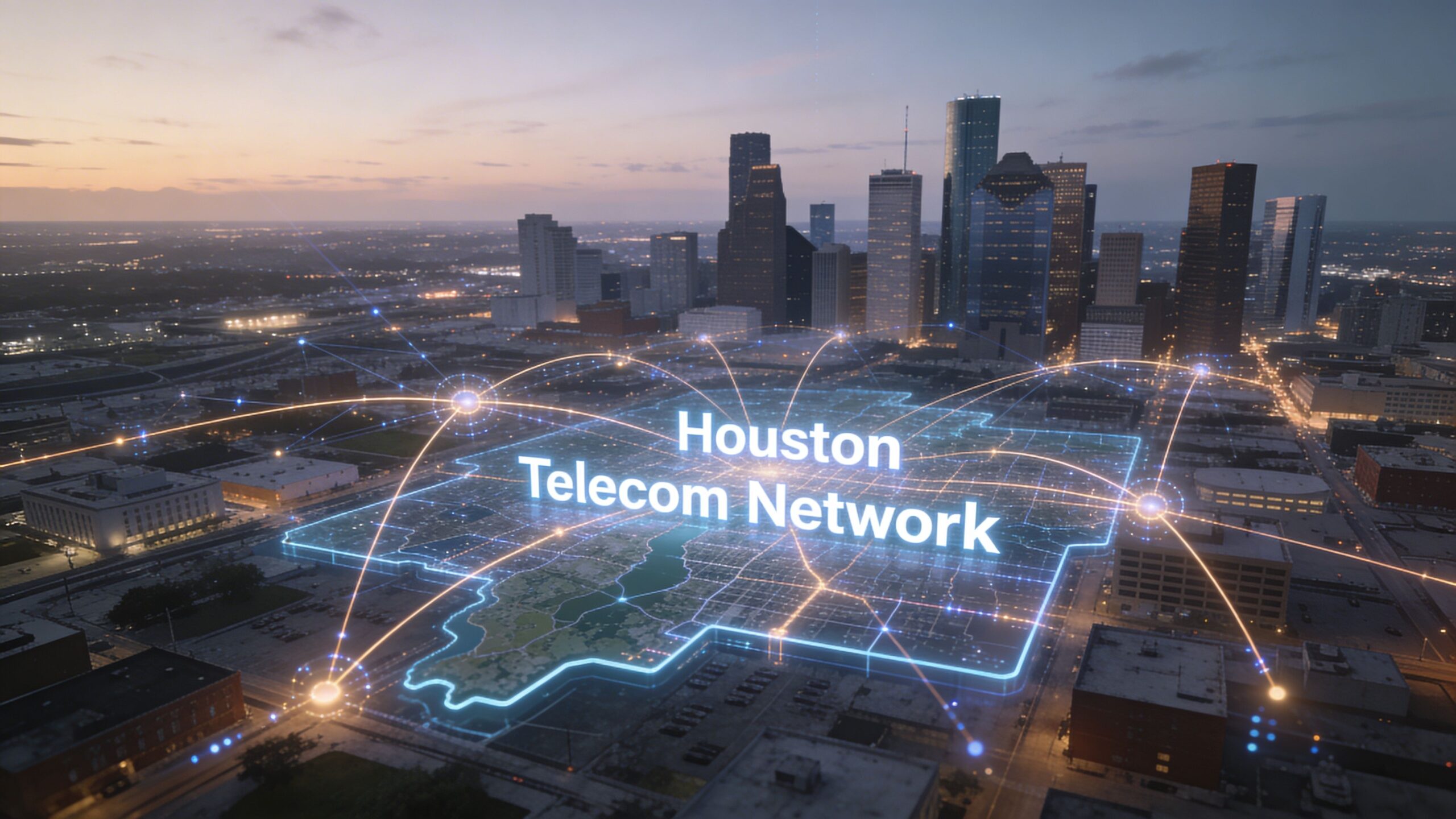 A digital overlay of the Houston city map glowing with network connections over a skyline at sunset.