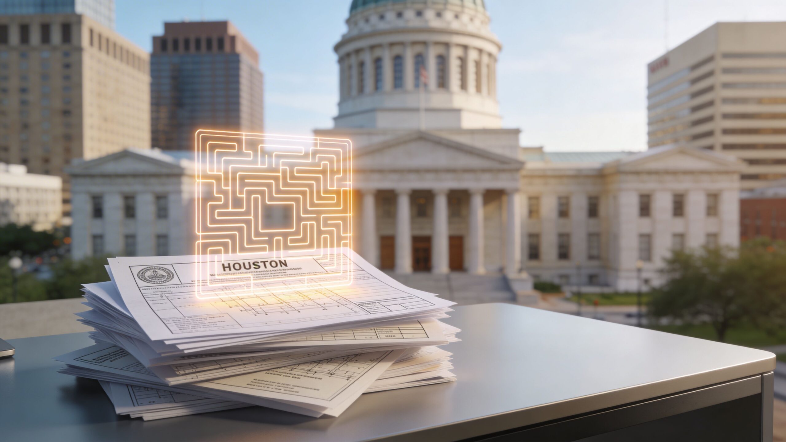 A stack of architectural blueprints with a glowing neon maze hovering above against a government building.
