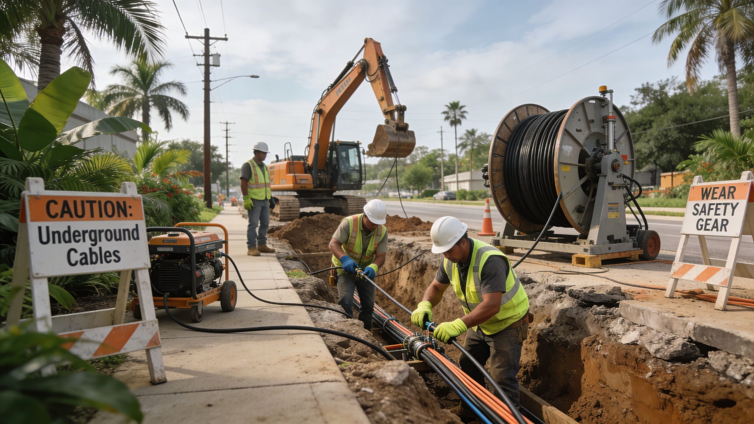Construction workers installing underground fiber optic cables along a street next to an excavator and utility equipment.