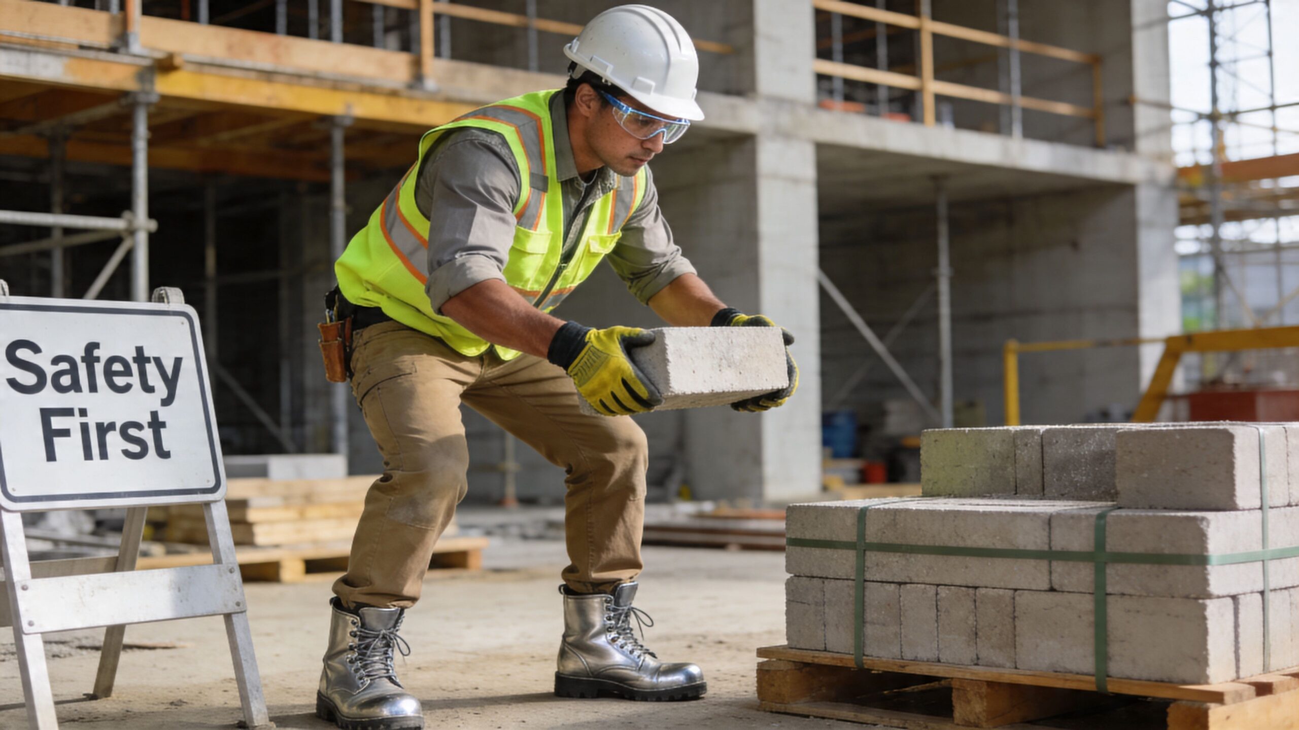 A construction worker wearing safety gear lifting a concrete block while working on a building site.