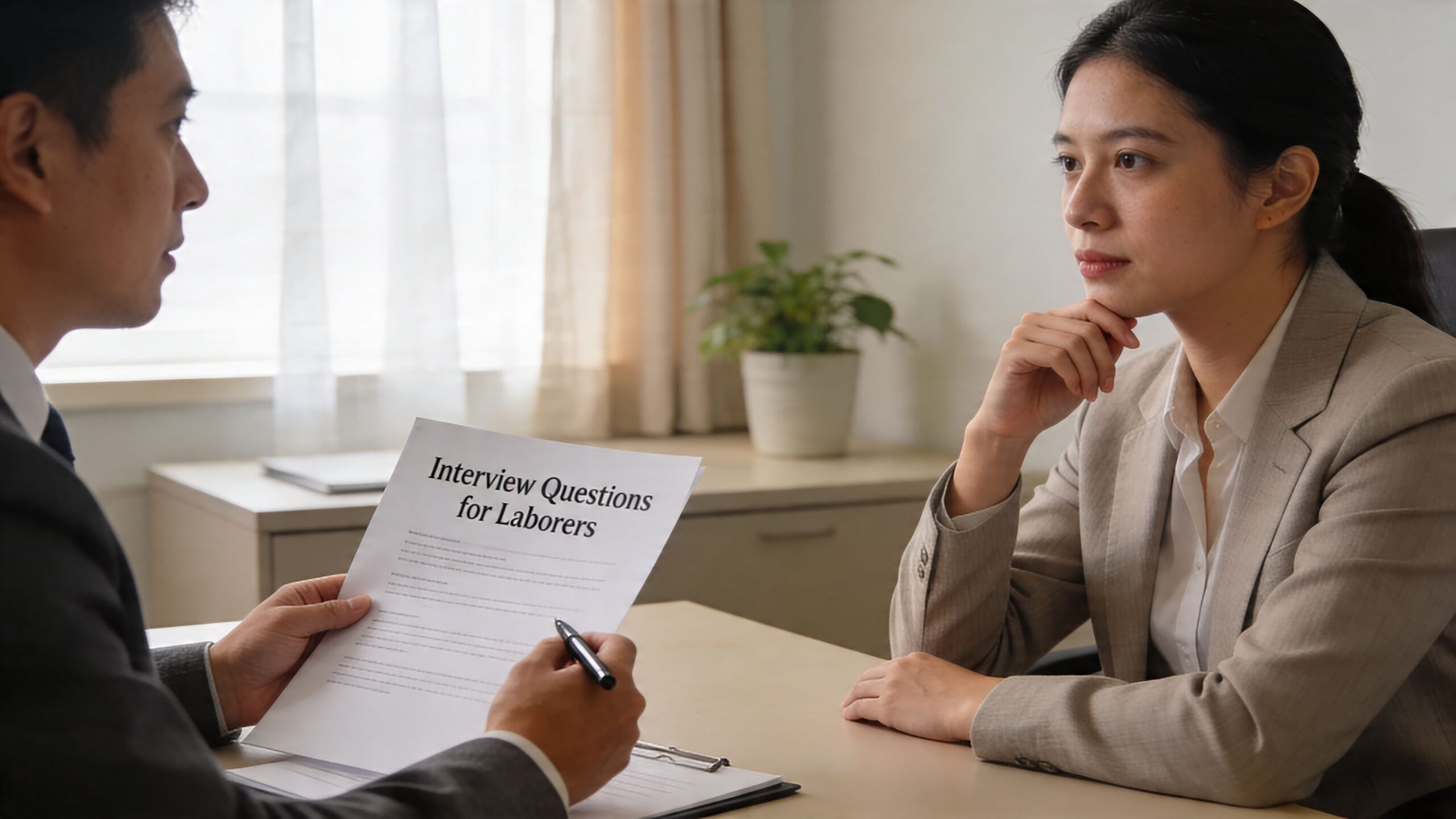 A professional recruiter conducting a job interview with a candidate in a bright office environment.