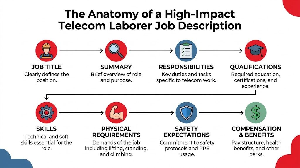 An infographic detailing the essential components of a high-impact telecom laborer job description for recruitment purposes.