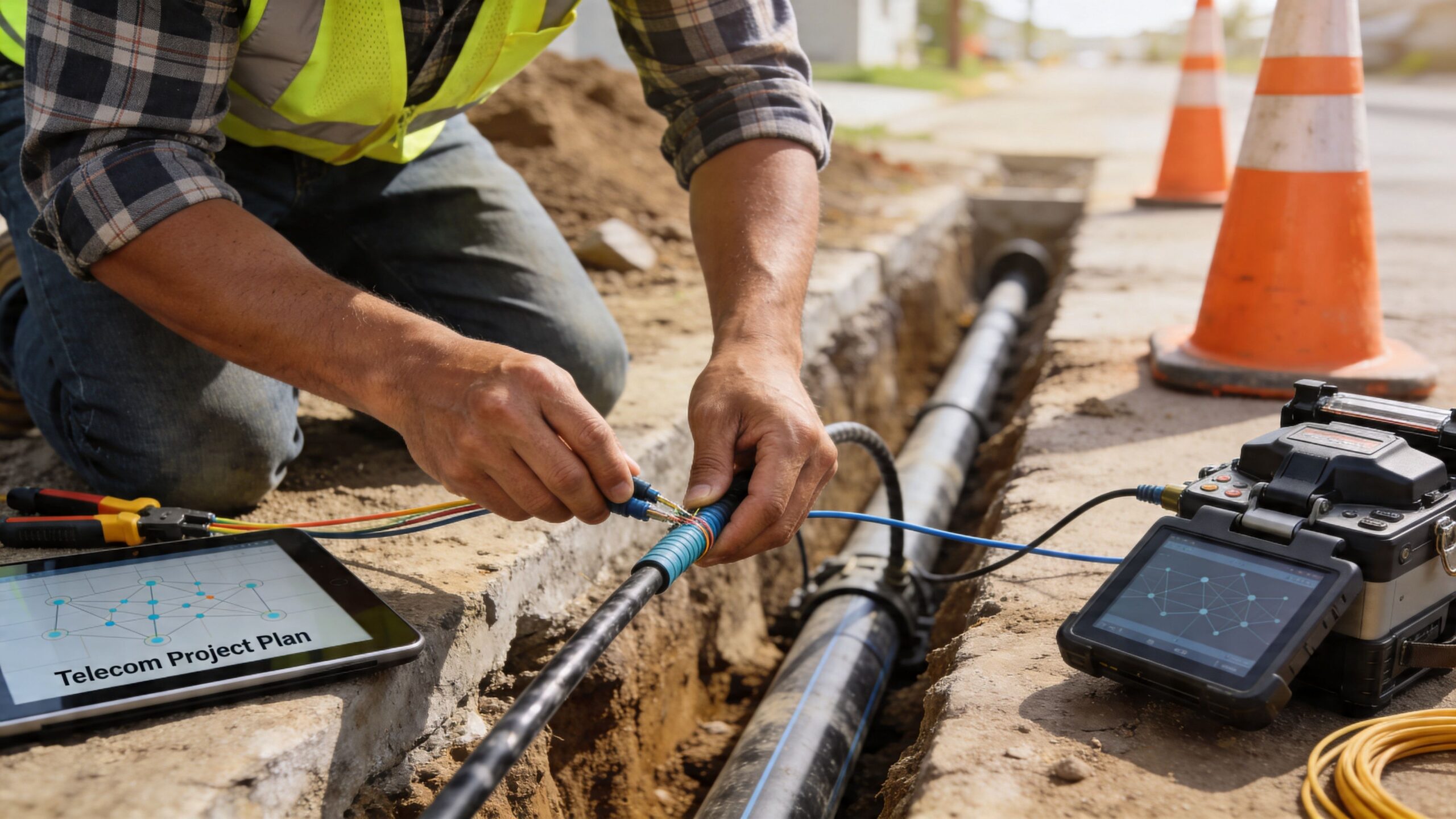 A telecommunications technician works on fiber optic cables in an outdoor trench while using testing equipment.