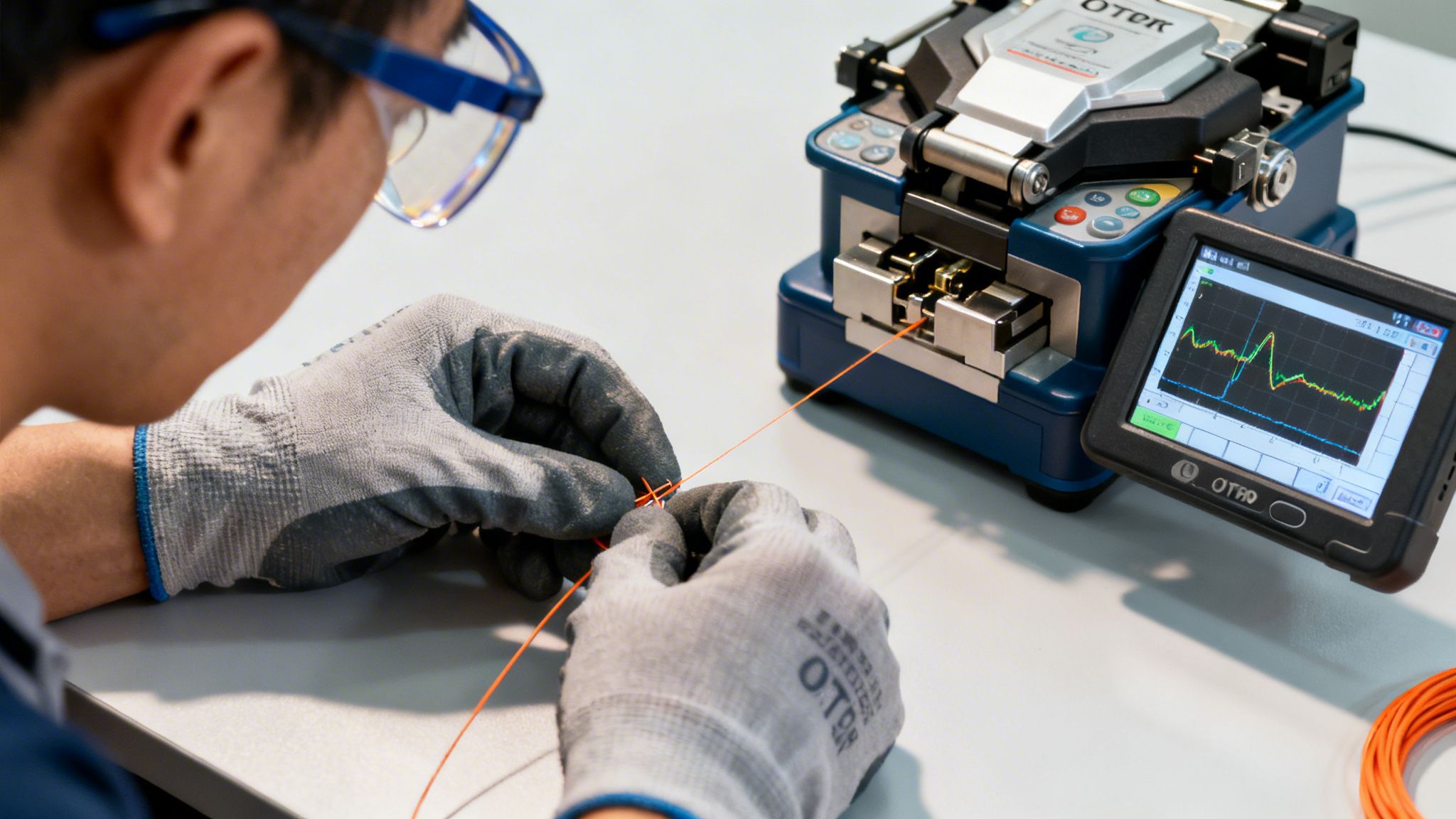 A technician wearing gloves and safety glasses precisely splices orange fiber optic cables with a machine.