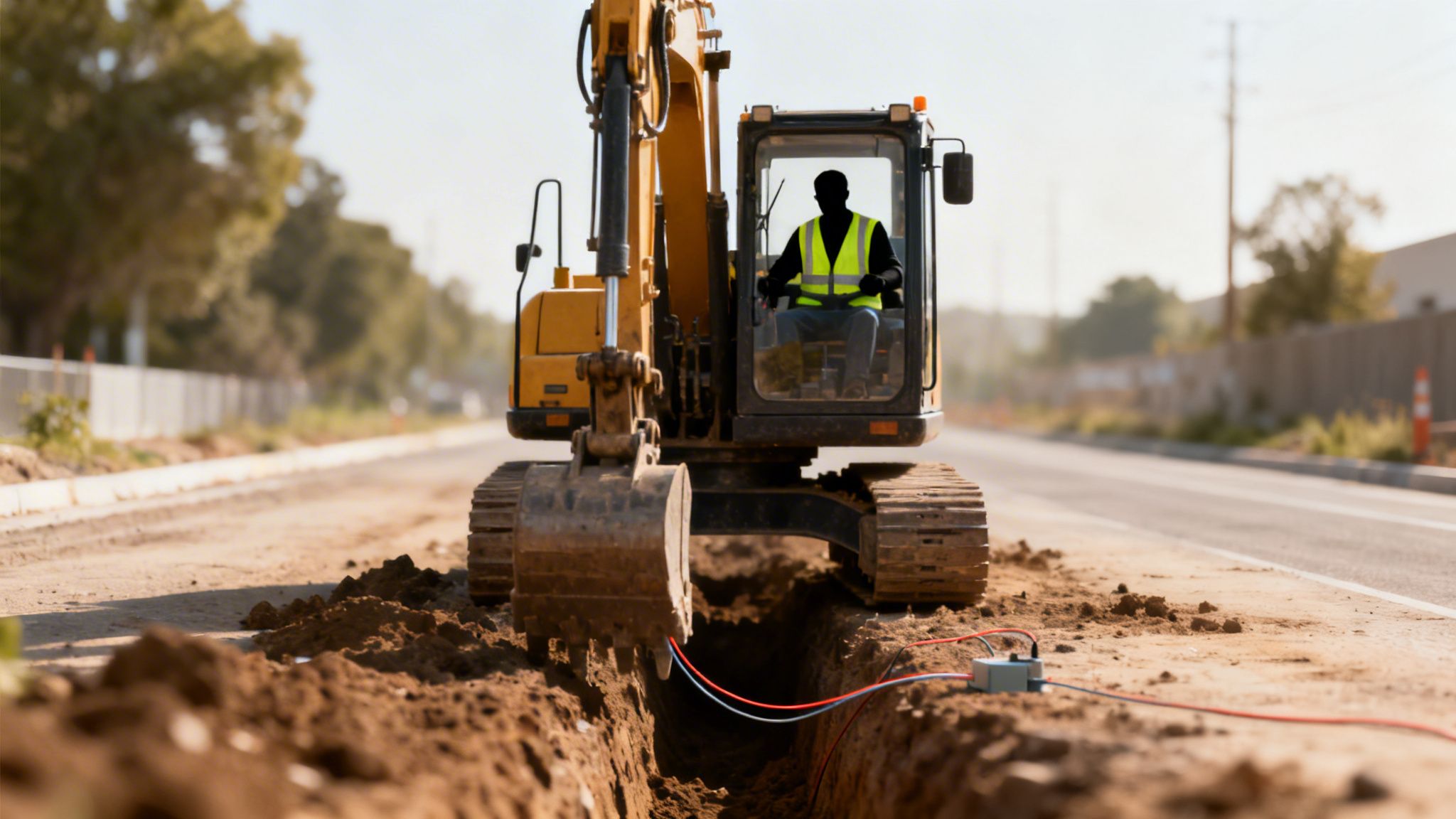 A worker in a yellow safety vest operates an excavator digging a utility trench with visible wires.