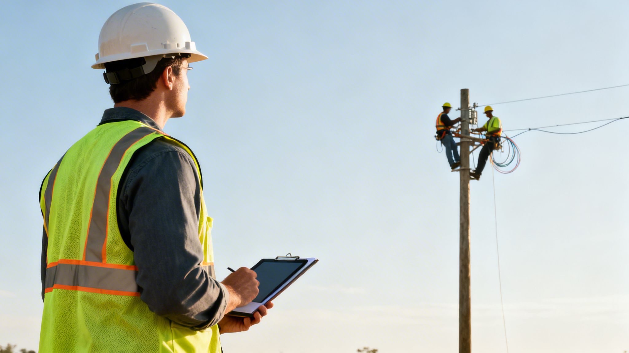 A supervisor in a hard hat and safety vest observes two utility workers on a pole.