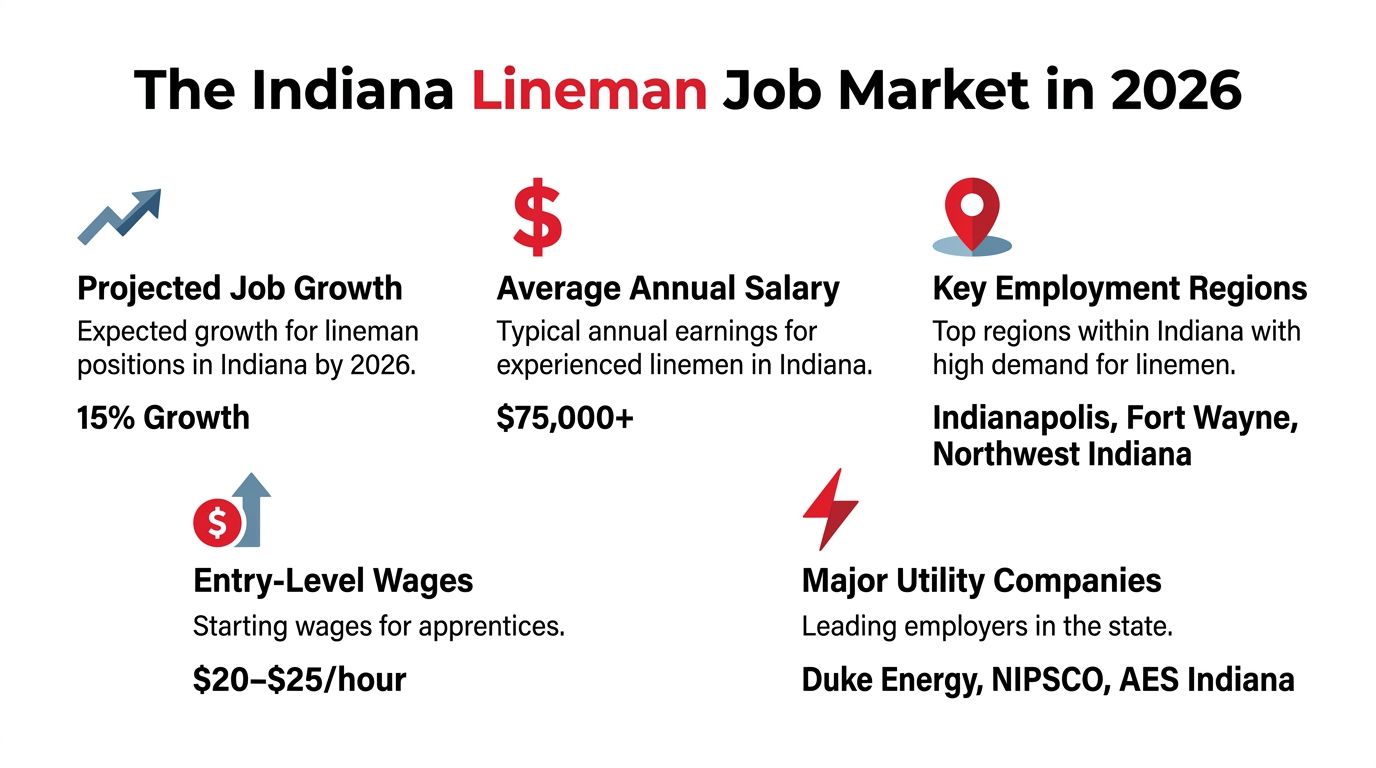 An infographic showing the 2026 Indiana lineman job market including salary, growth, and top employers.