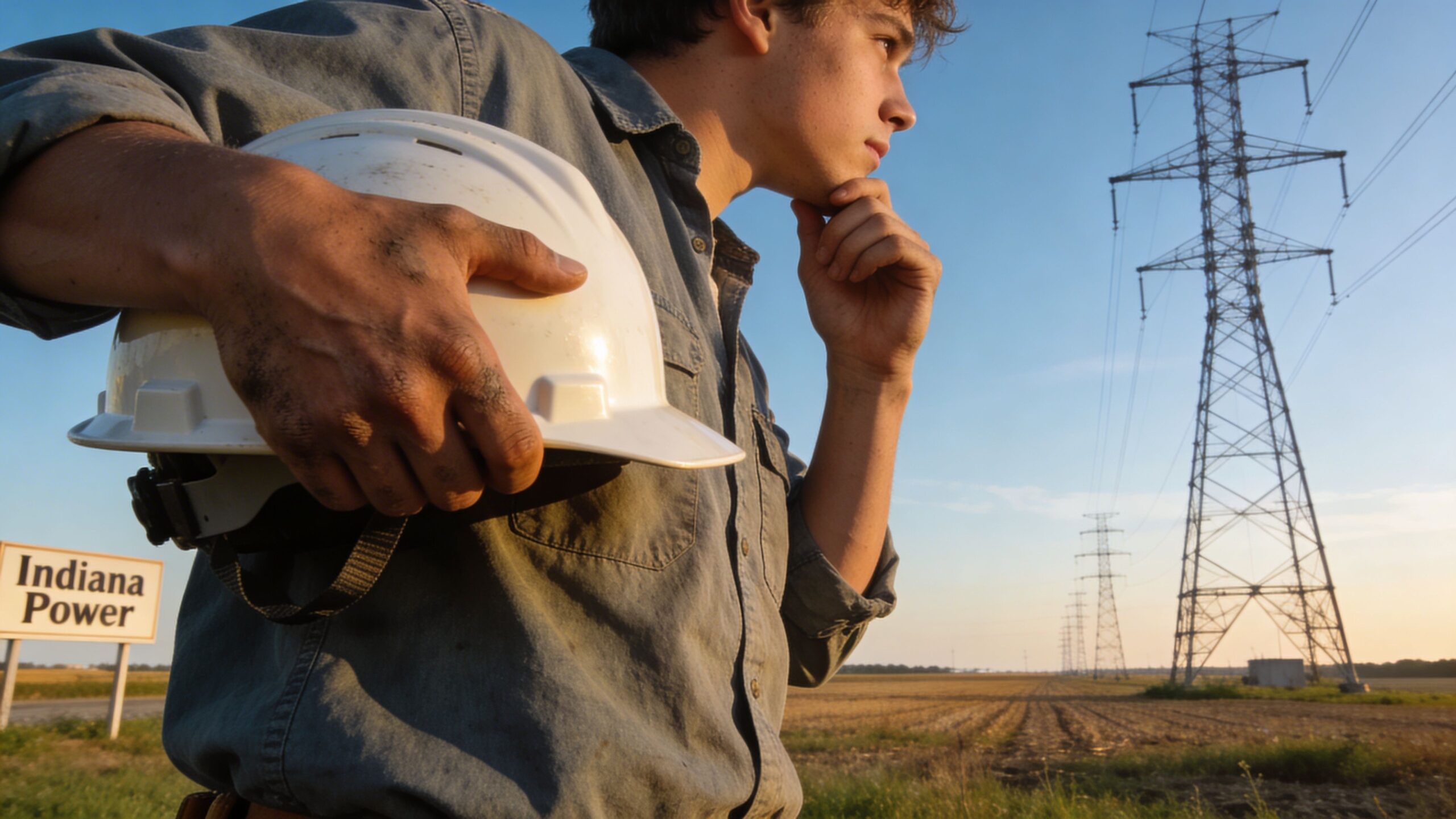 A young power lineman holding his hard hat while looking at high-voltage transmission towers in Indiana.