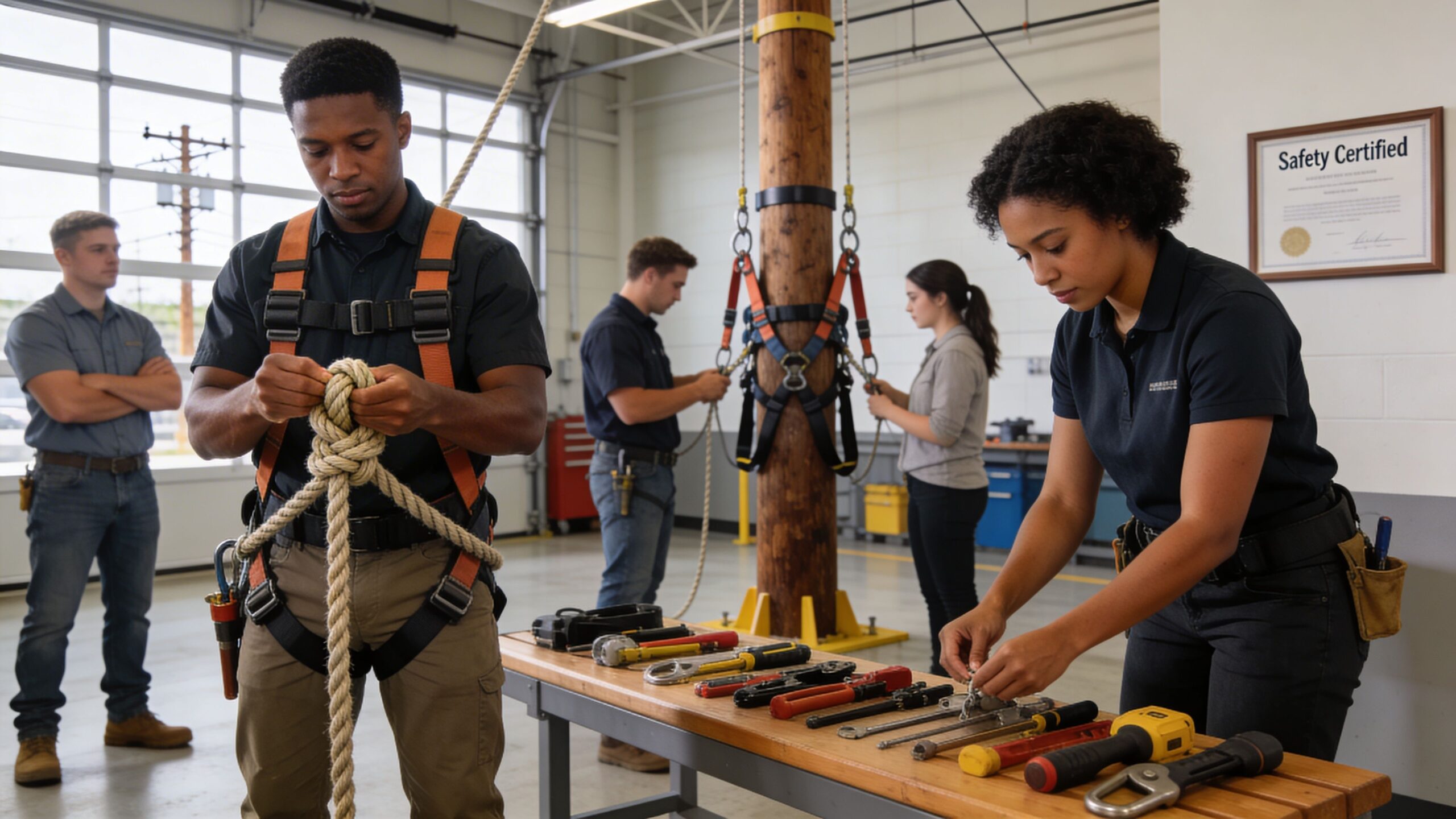 A team of students training in utility pole climbing and equipment handling in an industrial workshop setting.