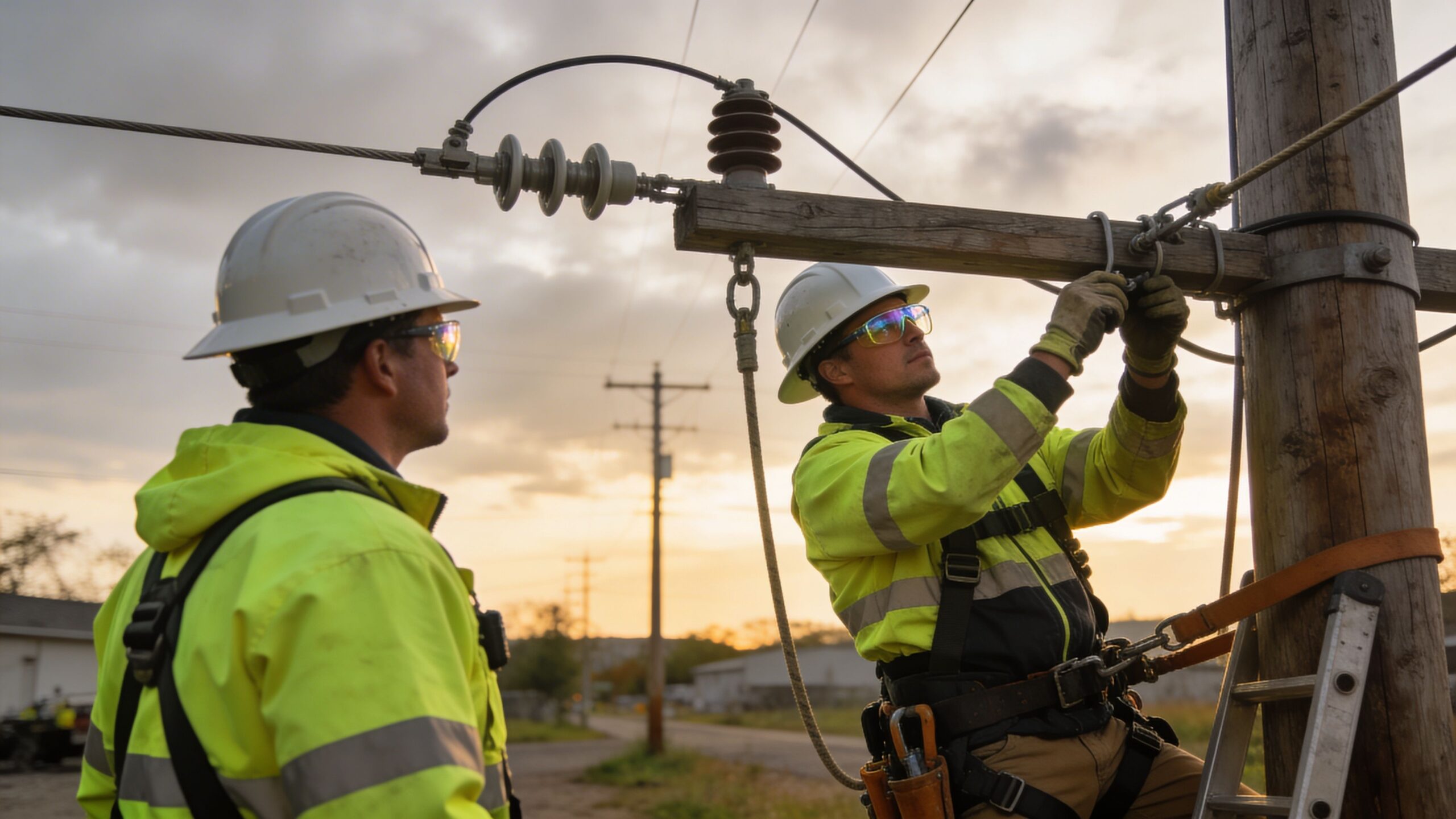 Two utility linemen wearing hard hats and safety gear repairing electrical equipment on a wooden power pole.
