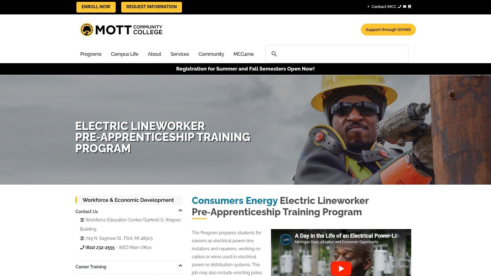 Mott Community College – Consumers Energy Electric Lineworker Pre-Apprenticeship