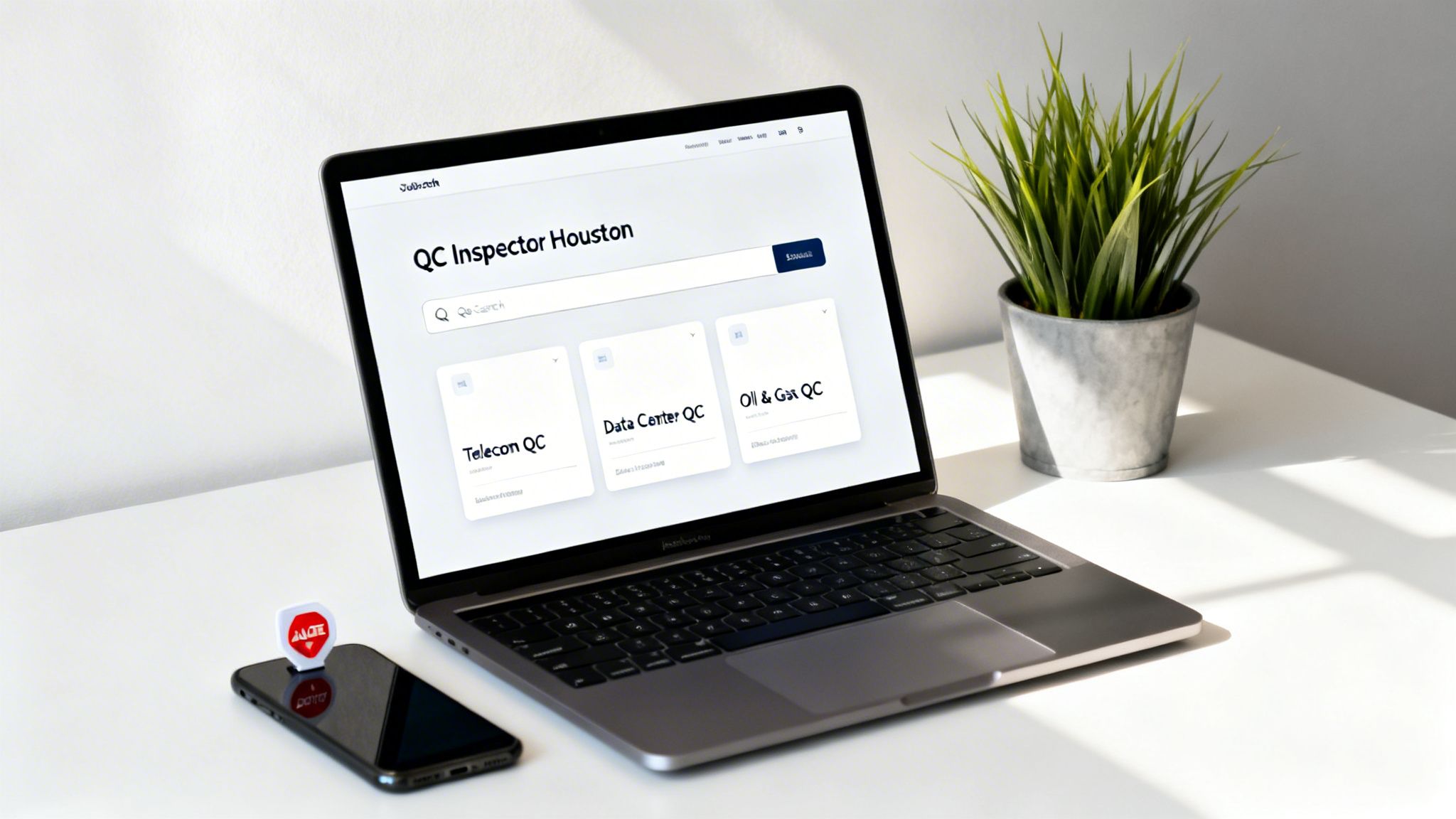 Laptop displaying a job search website for QC Inspector Houston, next to a smartphone and plant.