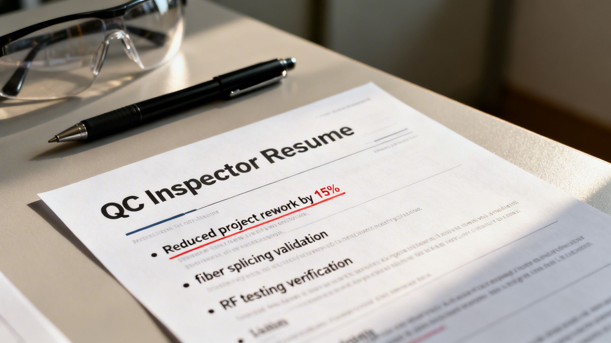 Close-up of a QC Inspector resume highlighting 'Reduced project rework by 15%', with a pen and safety glasses.