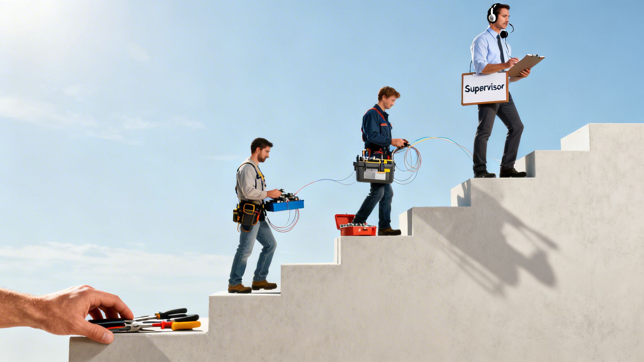 Men progressing up concrete stairs, symbolizing career advancement from technician to supervisor in telecom.