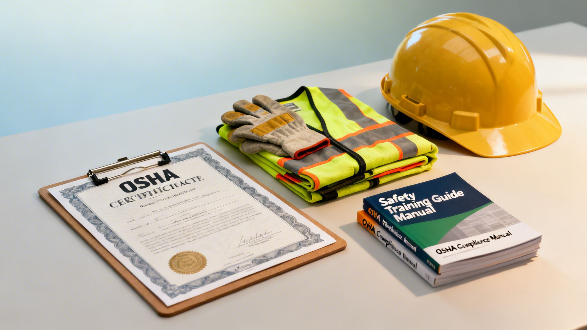 OSHA certificate, personal protective equipment (PPE), and safety training manuals for construction work.
