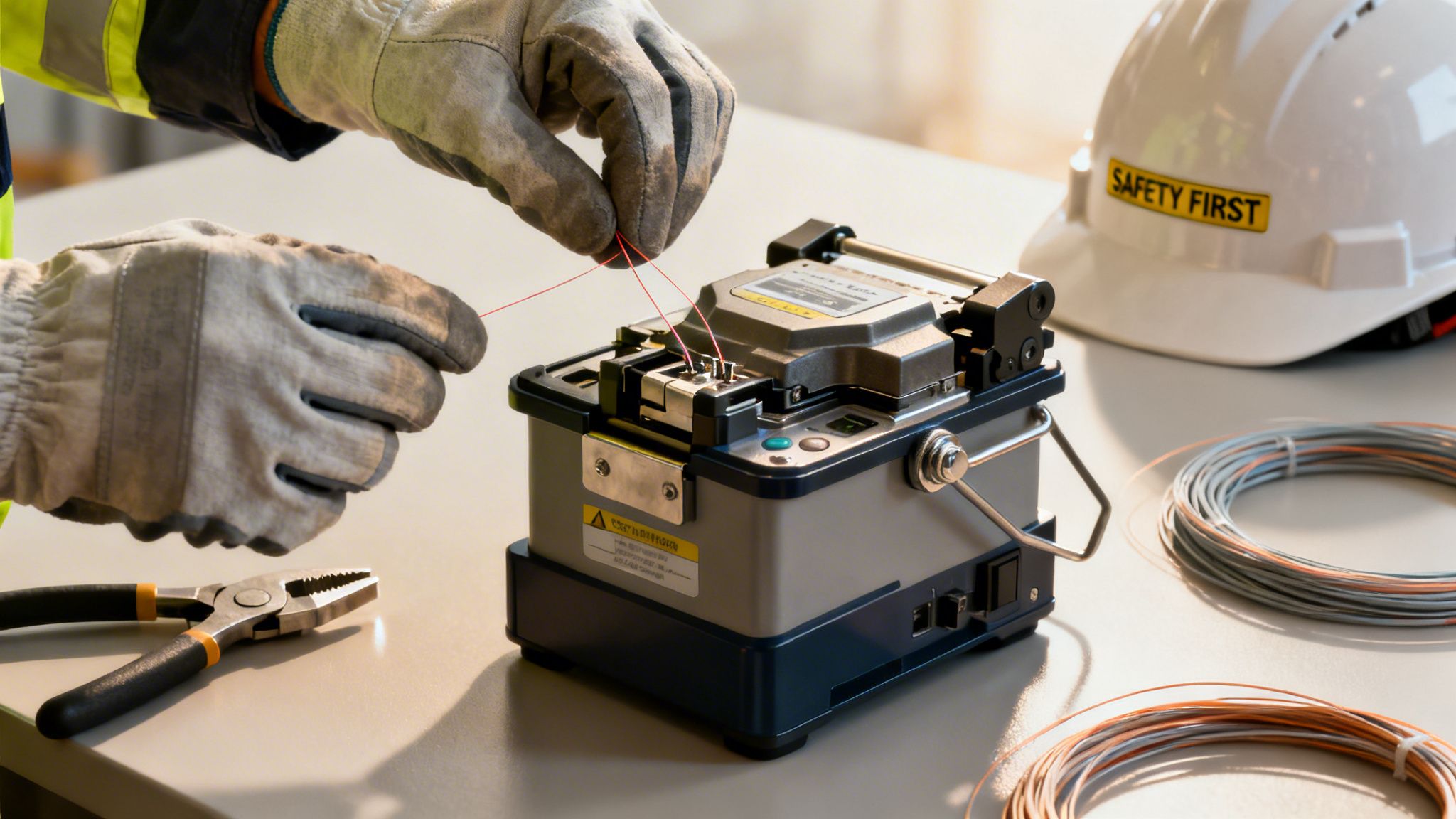 Close-up of a worker in gloves performing fiber optic splicing with a fusion splicer, tools, and a hard hat nearby.