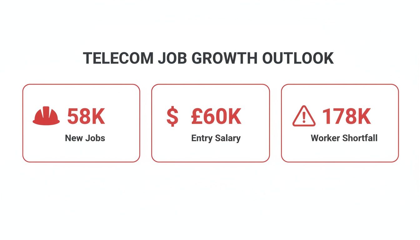 Infographic showing telecom job growth outlook with 58K new jobs, £60K entry salary, and 178K worker shortfall.