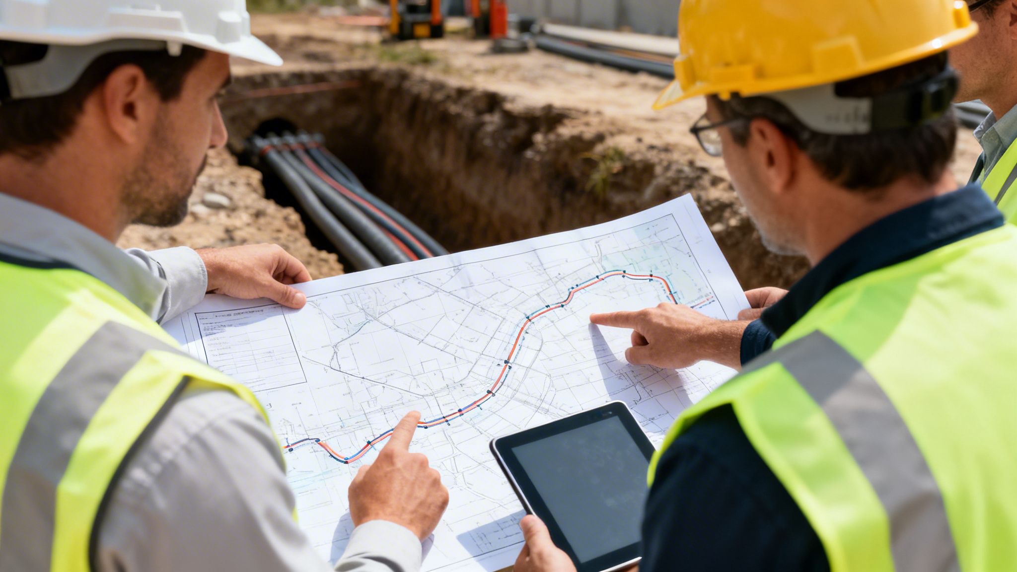 Engineers in hard hats reviewing a construction blueprint at an underground cable site.