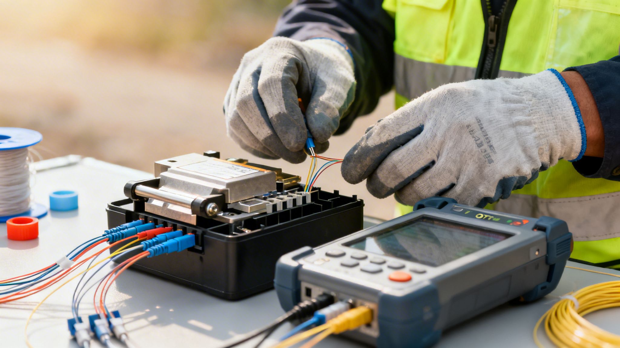 Technician in safety gear connecting colorful fiber optic cables to a splice enclosure and test equipment.