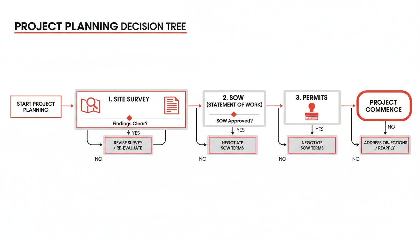 A flowchart illustrating a project planning decision tree from site survey to project commencement.