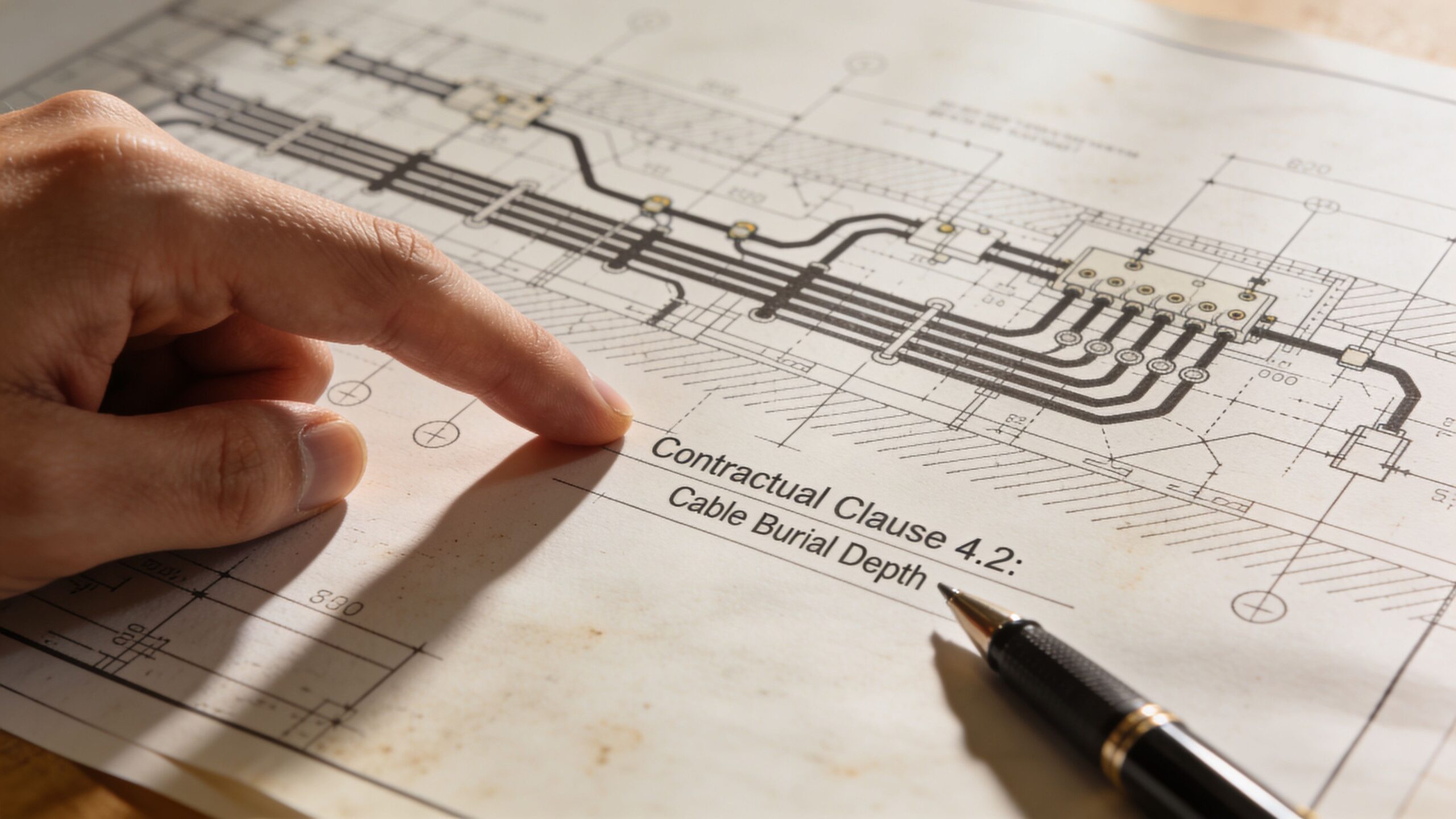 A hand pointing to a technical engineering drawing detailing cable burial depth on a construction plan.