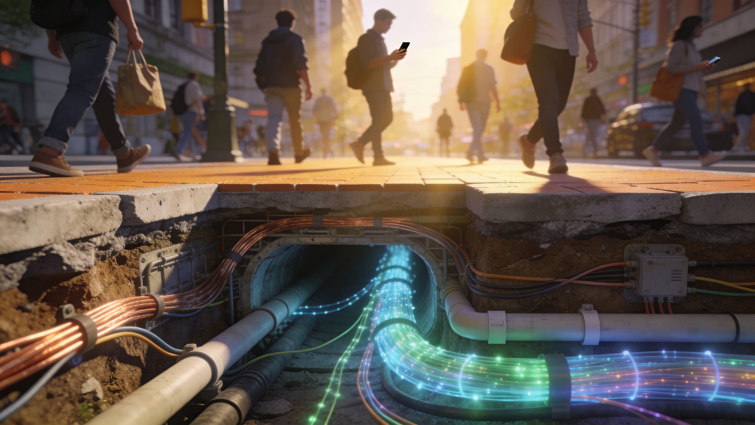 A cross-section view of a city sidewalk revealing underground utility cables, fiber optics, and piping systems.